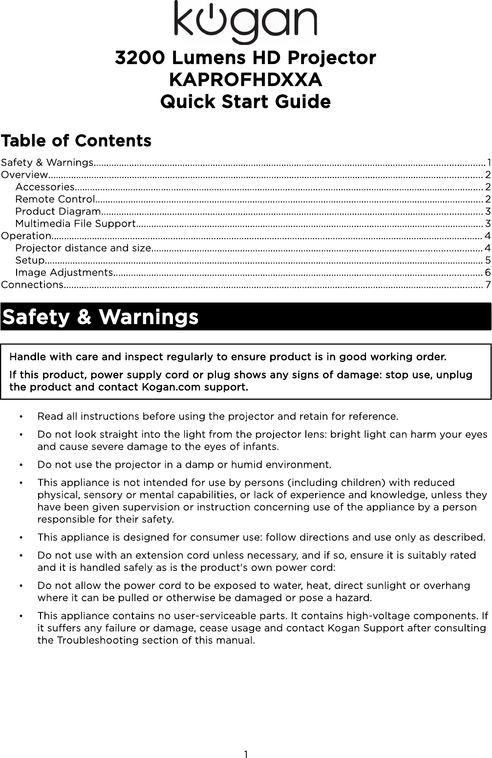 Page 1 of 7 - KAPRHD32LXA - Kogan 3200 Lumens HD Projector