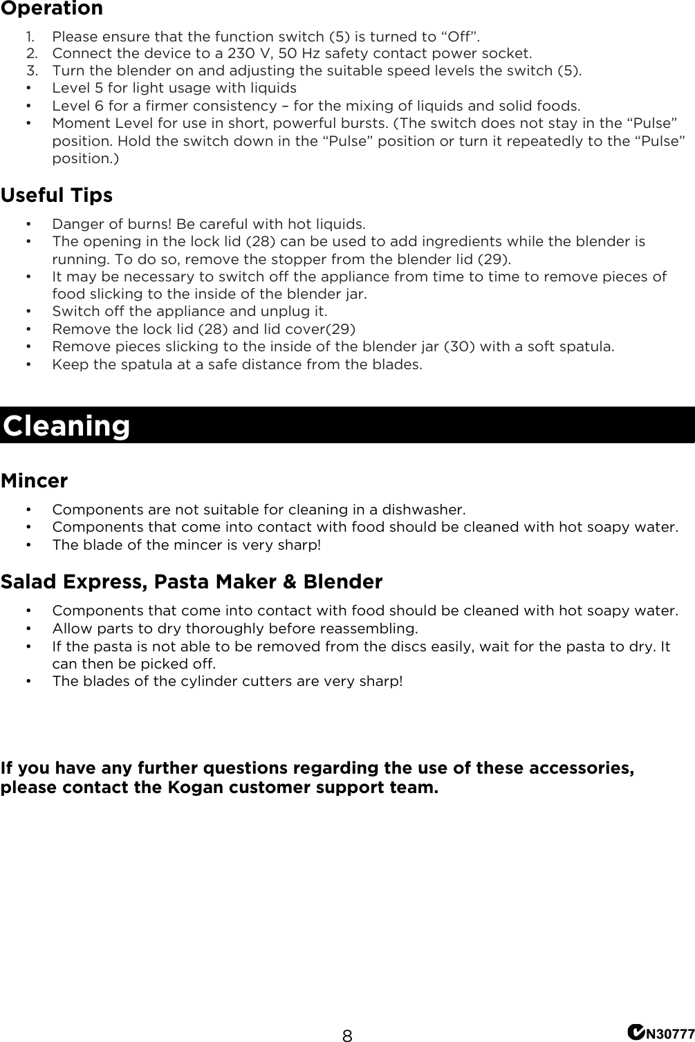 Page 9 of 9 - KASTMXASPCK 1200W Deluxe Stand Mixer Accessory Pack User Manual  KASTMXASPCK-A