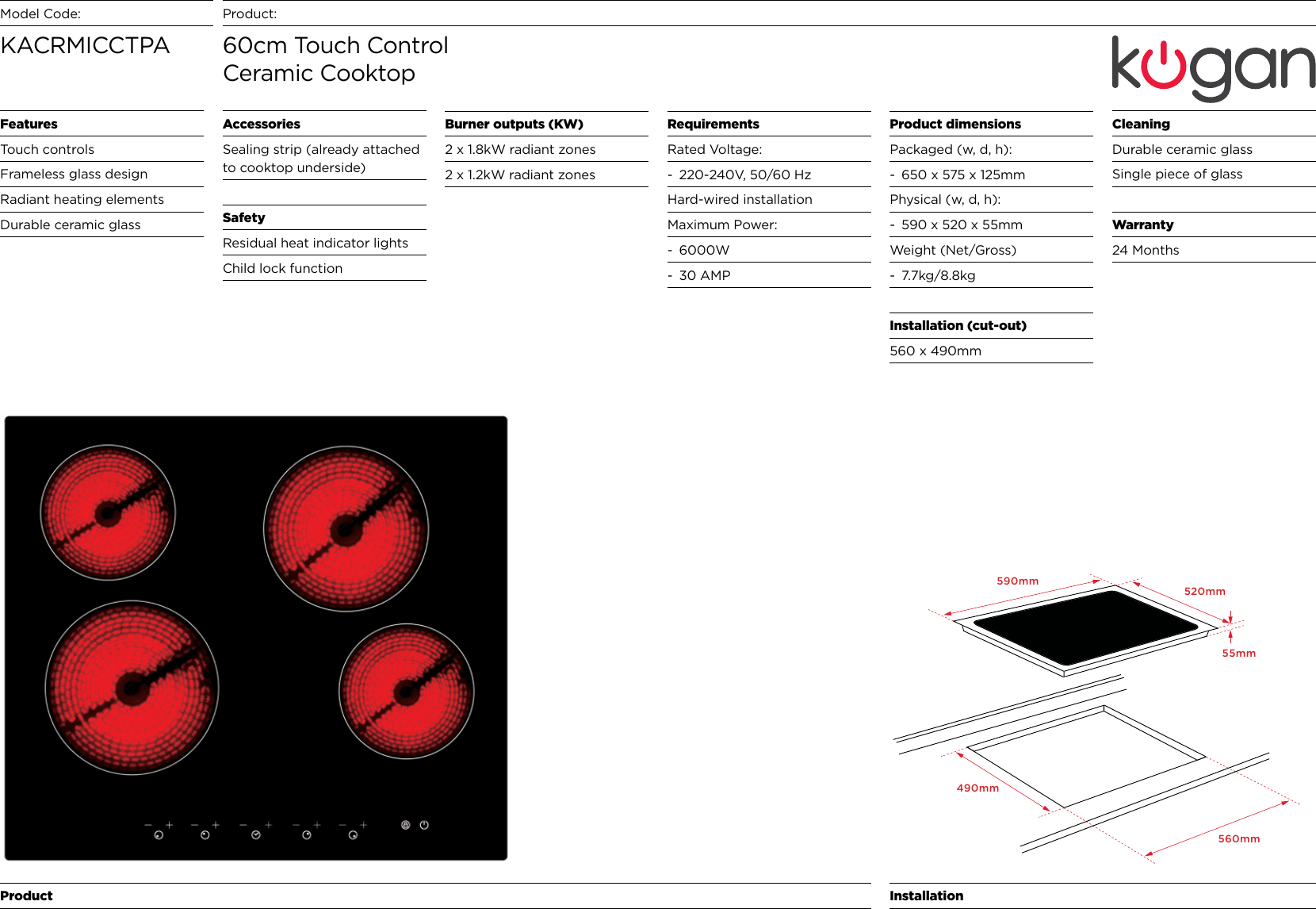 Kogan 60cm Ceramic Cooktop Specifications Sheet KACRMICCTPA