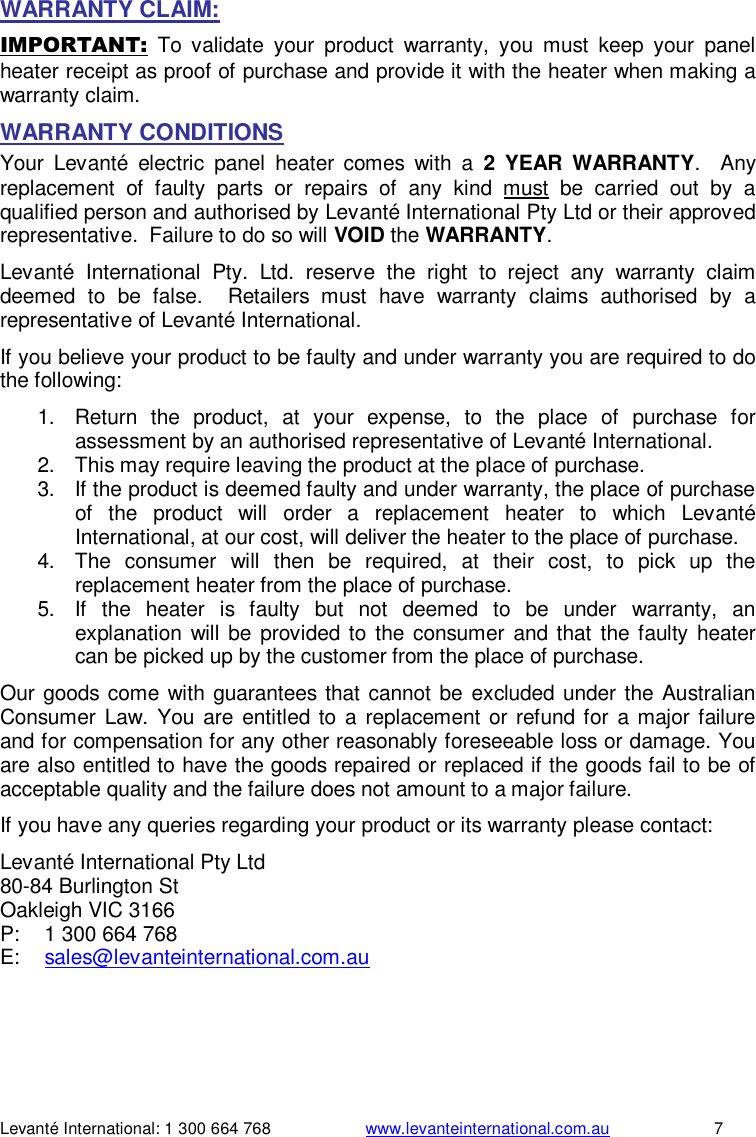 Page 7 of 8 - Levante Panel Heater Instructions Rev 1x  LPH