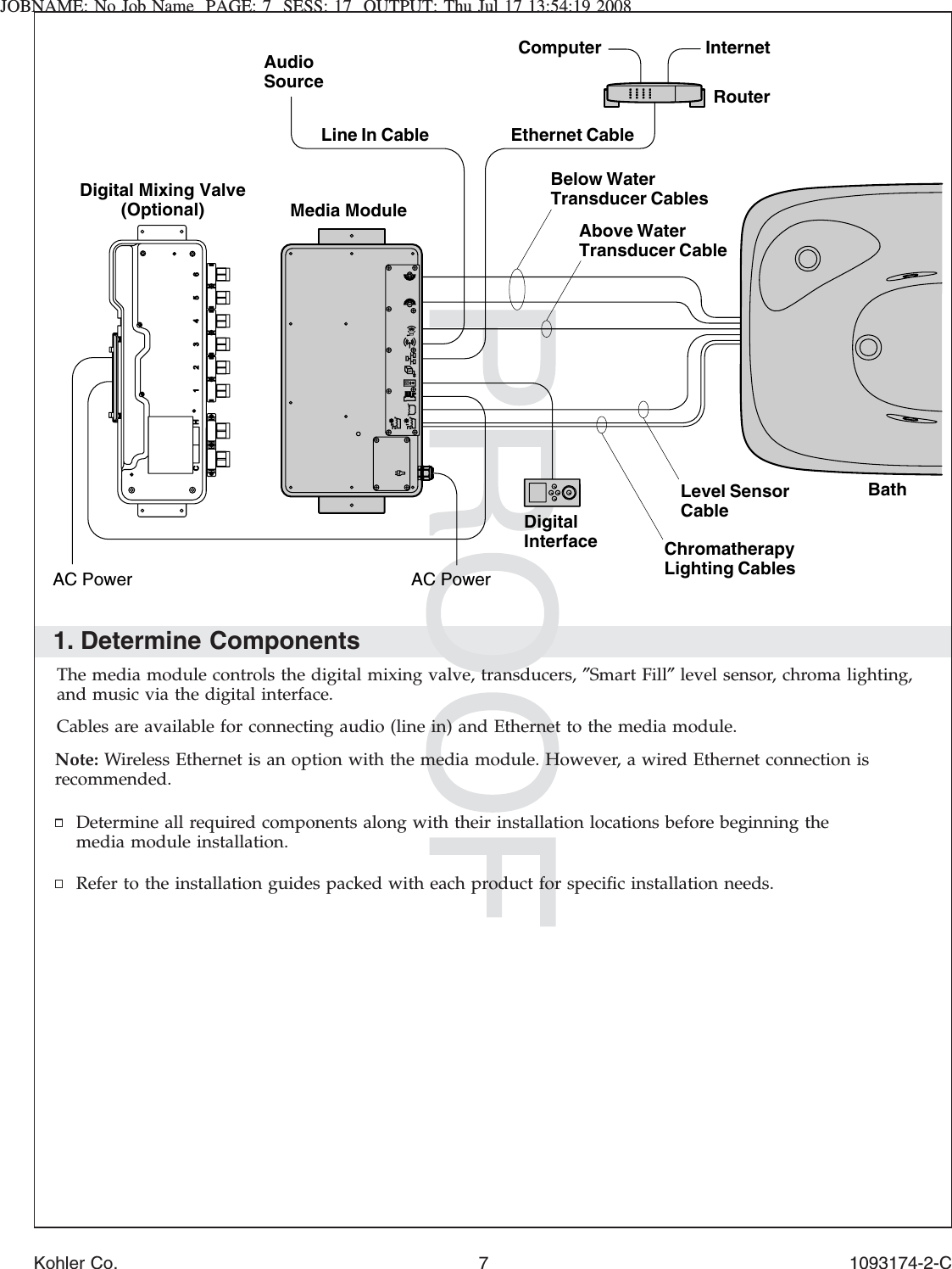 JOBNAME: No Job Name PAGE: 7 SESS: 17 OUTPUT: Thu Jul 17 13:54:19 20081. Determine ComponentsThe media module controls the digital mixing valve, transducers, ″Smart Fill″level sensor, chroma lighting,and music via the digital interface.Cables are available for connecting audio (line in) and Ethernet to the media module.Note: Wireless Ethernet is an option with the media module. However, a wired Ethernet connection isrecommended.Determine all required components along with their installation locations before beginning themedia module installation.Refer to the installation guides packed with each product for speciﬁc installation needs.AC PowerMedia ModuleRouterComputer InternetAudio SourceEthernet CableLine In CableAC PowerBelow Water Transducer CablesAbove Water Transducer CableLevel Sensor CableChromatherapy Lighting CablesBathDigital InterfaceDigital Mixing Valve(Optional)Kohler Co. 7 1093174-2-C