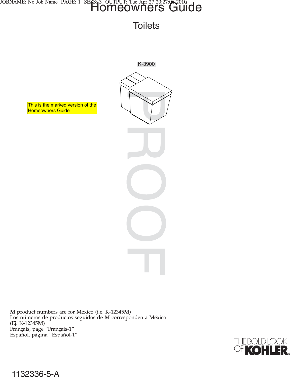 Kohler KOHLER006 NUMI Integrated Toilet User Manual No Job Name