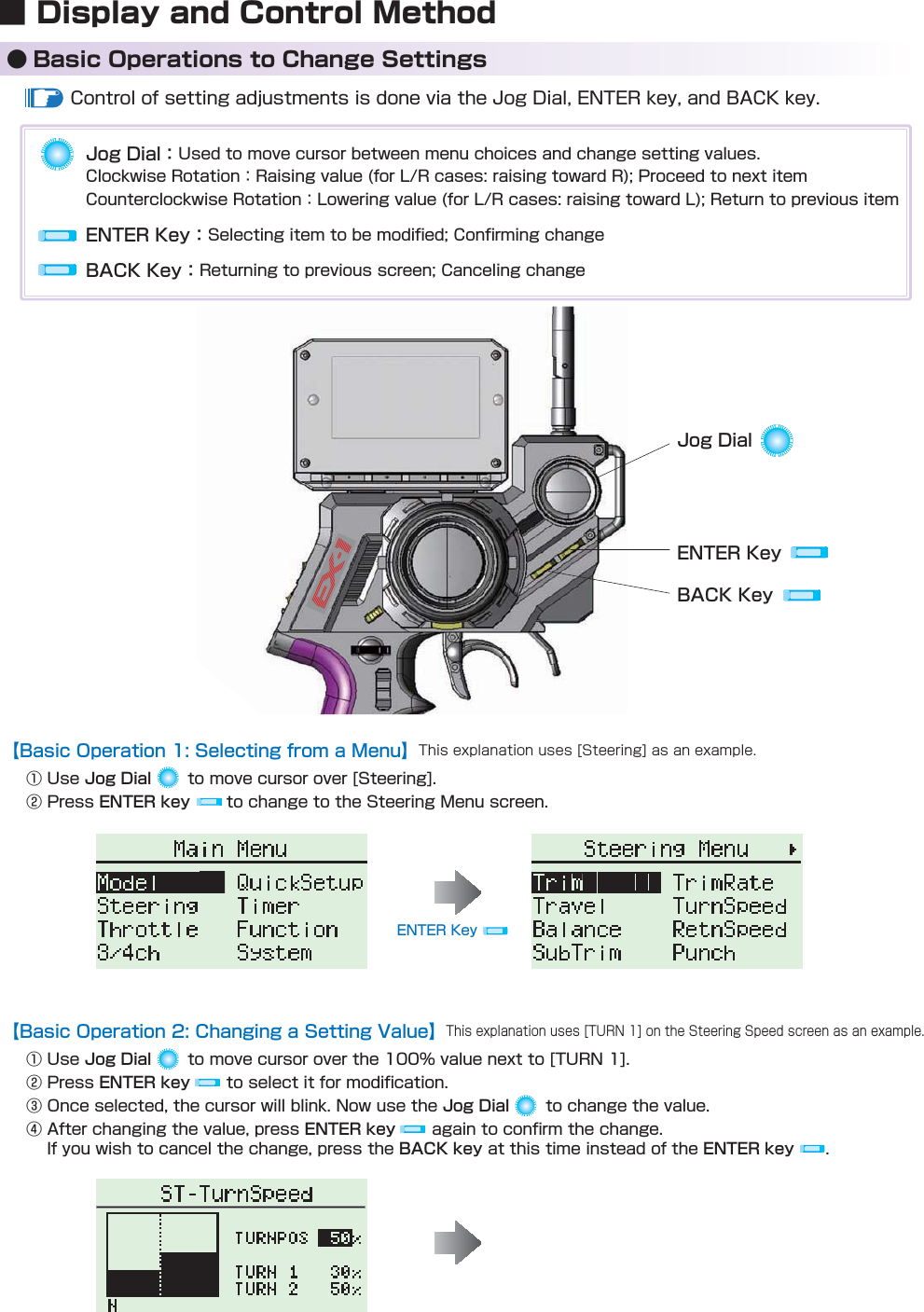 【Basic Operation 1: Selecting from a Menu】󰒄Jog Dial󰒅ENTER key【Basic Operation 2: Changing a Setting Value】󰒄Jog Dial  󰒅ENTER key  󰒆Jog Dial  󰒇ENTER key  BACK key ENTER key  ■ Display and Control Method● Basic Operations to Change SettingsBACK KeyENTER KeyJog DialJog Dial：ENTER Key：BACK Key：