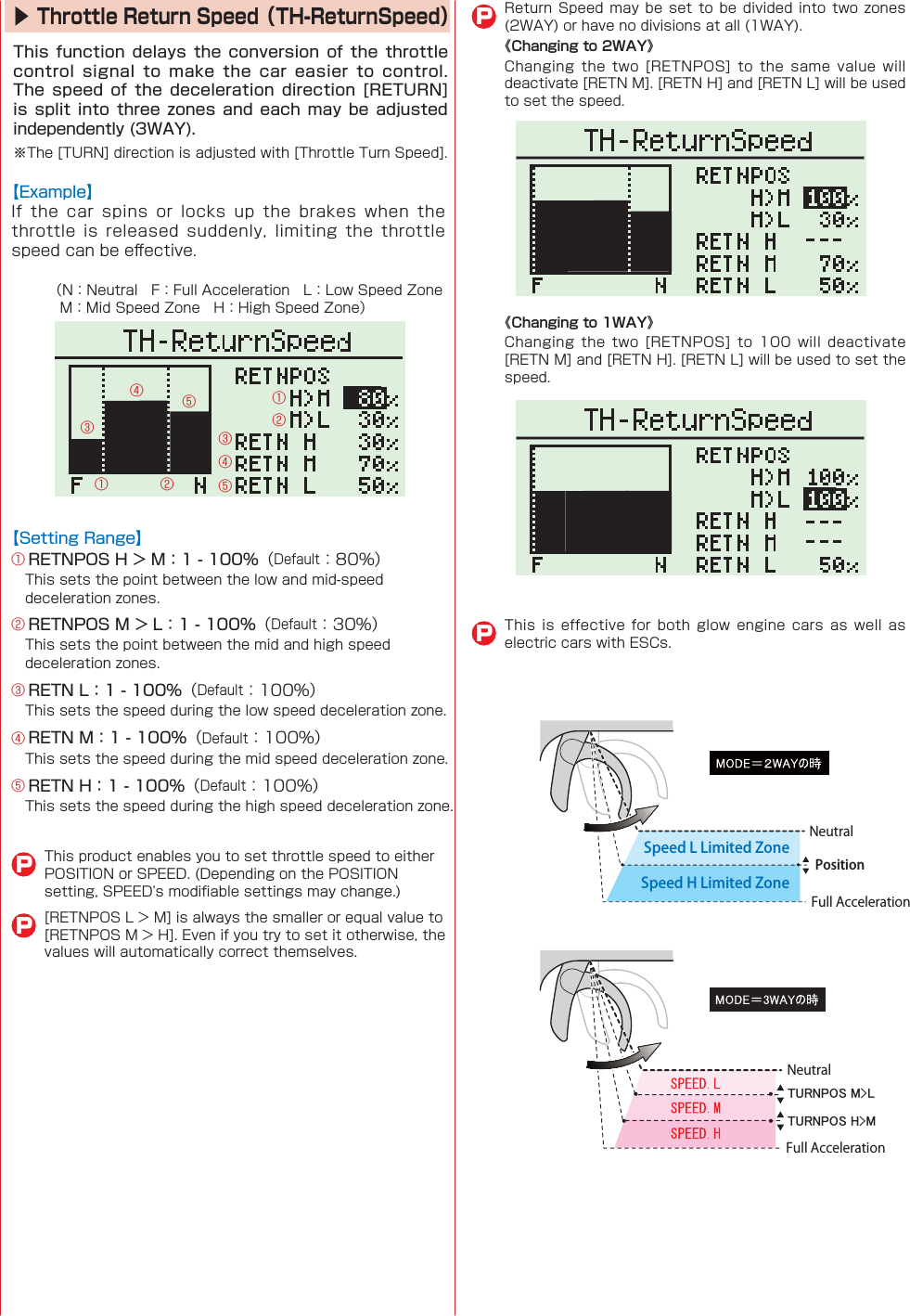 㻷㻸㻵㻱㻳㻲㻶㻃㻰㻡㻯㻷㻸㻵㻱㻳㻲㻶㻃㻫㻡㻰Speed L Limited ZoneSpeed H Limited ZoneNeutralPositionFull AccelerationNeutralFull Acceleration     PP    《Changing to 2WAY》    《Changing to 1WAY》    PP▶Throttle Return Speed（TH-ReturnSpeed）󰒅󰒄 󰒈󰒇󰒆󰒄󰒅󰒆󰒇󰒈󰒄  󰒅  󰒆󰒇󰒈                   󰮏