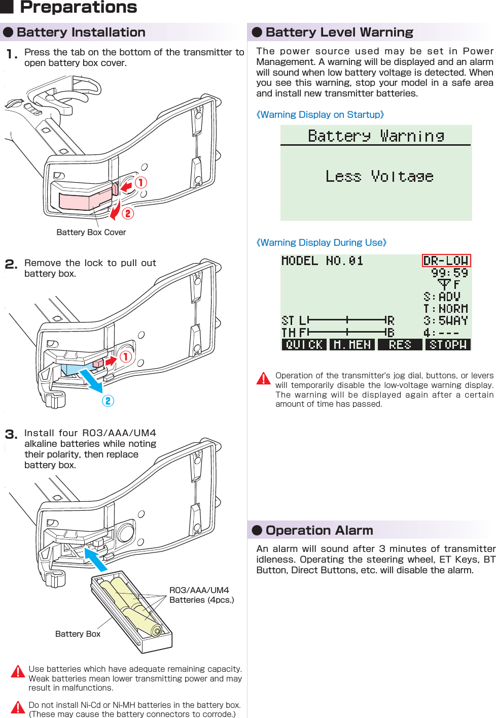 ①①①①②②②②■ Preparations● Battery Installation ● Battery Level Warning● Operation Alarm1.2.3.                      