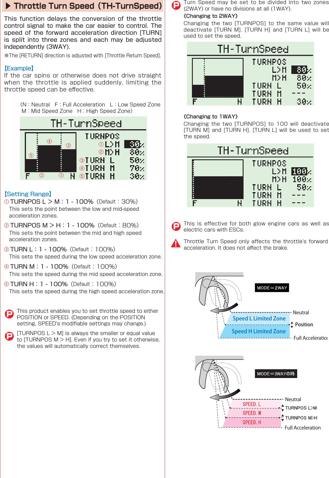 㻷㻸㻵㻱㻳㻲㻶㻃㻯㻡㻰㻷㻸㻵㻱㻳㻲㻶㻃㻰㻡㻫NeutralSpeed L Limited ZoneSpeed H Limited ZonePositionFull AccelerationNeutralFull Acceleration▶Throttle Turn Speed（TH-TurnSpeed）󰒅󰒄 󰒈󰒇󰒆󰒄󰒅󰒈󰒇󰒆󰒄  󰒅  󰒆󰒇󰒈    PPP     《Changing to 2WAY》        《Changing to 1WAY》       P󰮏   󰮏