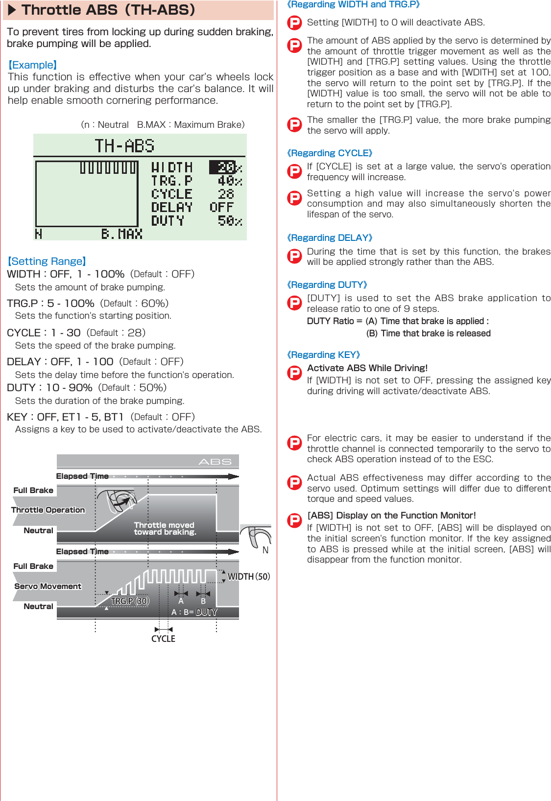 TRG.P（30）TRG.P（30）WIDTH（50）WIDTH（50）DUTYDUTYCYCLECYCLEThrottle moved toward braking.Elapsed TimeElapsed TimeFull BrakeFull BrakeThrottle OperationThrottle OperationNeutralNeutralServo MovementServo Movement▶ Throttle ABS（TH-ABS）  󰮏     󰮏  󰮏PActivate ABS While Driving! P[ABS] Display on the Function Monitor!             P    P           P       P    P     DUTY Ratio = (A) Time that brake is applied :                        (B) Time that brake is releasedP    P    PP《Regarding WIDTH and TRG.P》《Regarding CYCLE》《Regarding DELAY》《Regarding DUTY》《Regarding KEY》