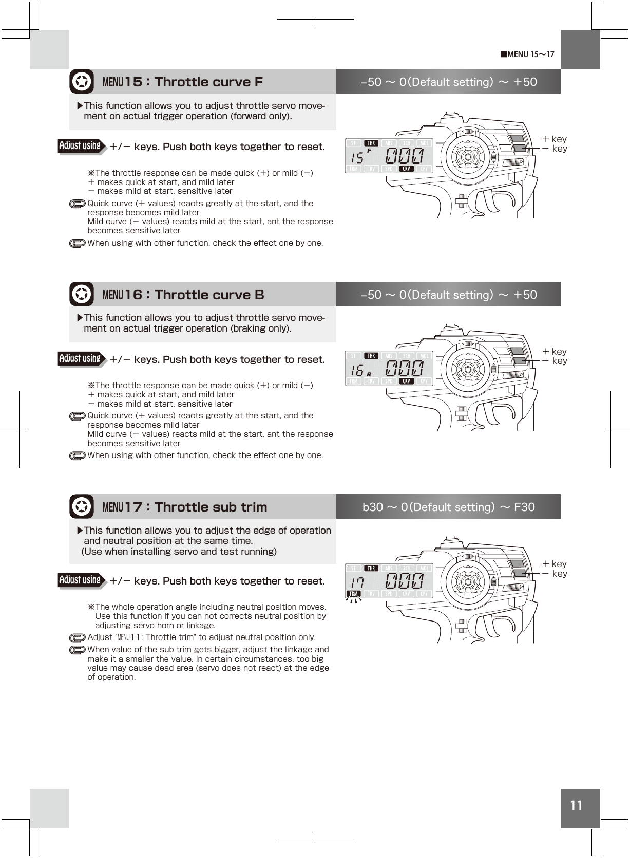 11MENU17：Throttle sub trim+ key− keyb30 ∼ 0（Default setting） ∼ F30▶This function allows you to adjust the edge of operation   and neutral position at the same time.  (Use when installing servo and test running)MENU16：Throttle curve B+ key− key50 ∼ 0（Default setting） ∼ ＋50▶This function allows you to adjust throttle servo move-   ment on actual trigger operation (braking only).MENU15：Throttle curve F+ key− key50 ∼ 0（Default setting） ∼ ＋50▶This function allows you to adjust throttle servo move-   ment on actual trigger operation (forward only).■MENU 15∼17※The whole operation angle including neutral position moves.  Use this function if you can not corrects neutral position by  adjusting servo horn or linkage.Adjust &quot;MENU11: Throttle trim&quot; to adjust neutral position only. When value of the sub trim gets bigger, adjust the linkage and make it a smaller the value. In certain circumstances, too big value may cause dead area (servo does not react) at the edge of operation.※The throttle response can be made quick (＋) or mild (−) ＋ makes quick at start, and mild later     − makes mild at start, sensitive laterQuick curve (＋ values) reacts greatly at the start, and the response becomes mild laterMild curve (− values) reacts mild at the start, ant the response becomes sensitive laterWhen using with other function, check the effect one by one.※The throttle response can be made quick (＋) or mild (−) ＋ makes quick at start, and mild later    − makes mild at start, sensitive laterQuick curve (＋ values) reacts greatly at the start, and the response becomes mild laterMild curve (− values) reacts mild at the start, ant the response becomes sensitive laterWhen using with other function, check the effect one by one.＋/− keys. Push both keys together to reset.Adjust using＋/− keys. Push both keys together to reset.Adjust using＋/− keys. Push both keys together to reset.Adjust using