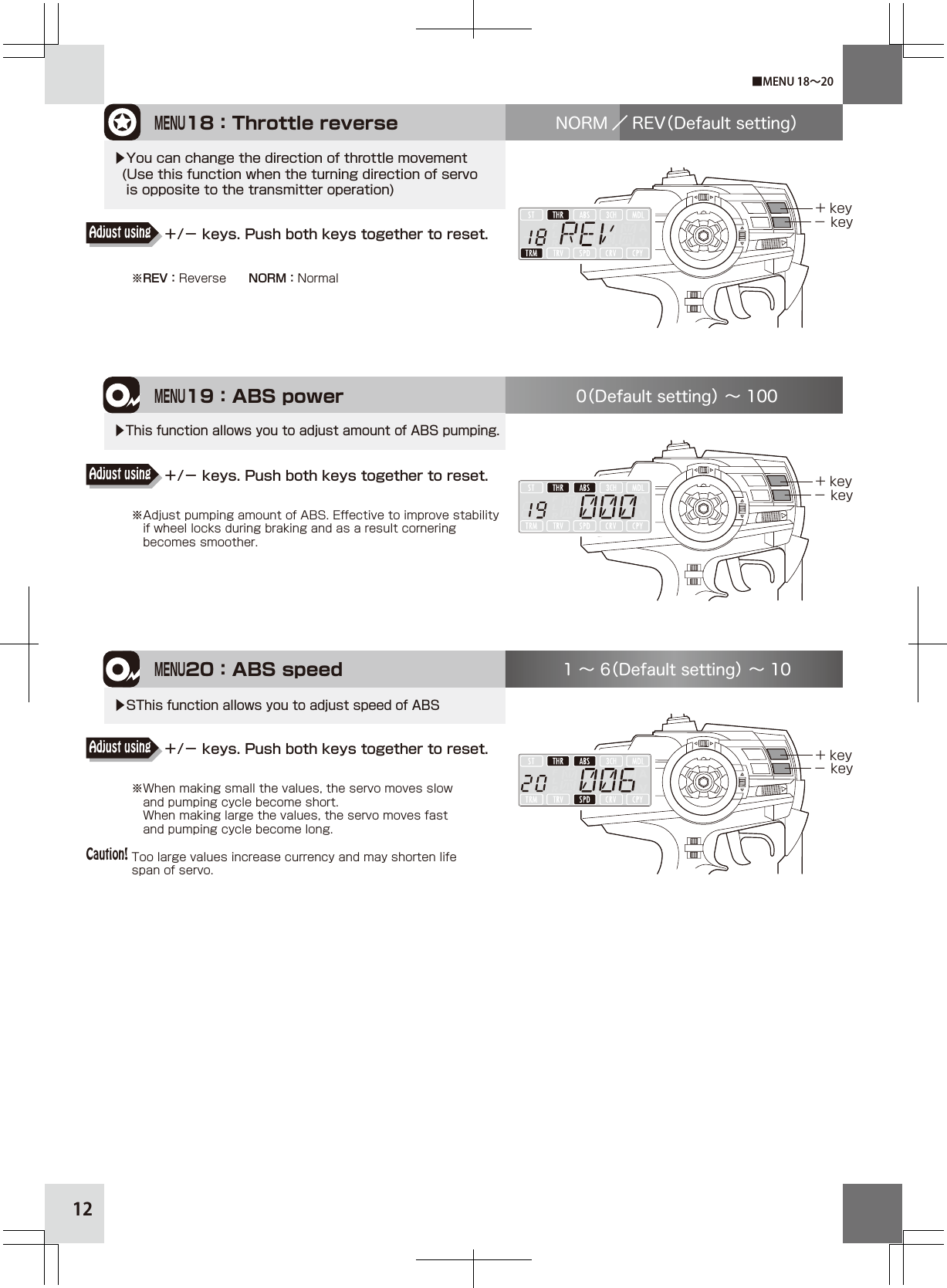 12MENU20：ABS speed+ key− key1 ∼ 6（Default setting） ∼ 10▶SThis function allows you to adjust speed of ABSMENU19：ABS power+ key− key0（Default setting） ∼ 100▶This function allows you to adjust amount of ABS pumping.MENU18：Throttle reverse+ key− keyNORM ／ REV（Default setting）▶You can change the direction of throttle movement  (Use this function when the turning direction of servo    is opposite to the transmitter operation)※REV：Reverse  NORM：Normal■MENU 18∼20＋/− keys. Push both keys together to reset.Adjust using＋/− keys. Push both keys together to reset.Adjust using＋/− keys. Push both keys together to reset.Adjust usingCaution!※Adjust pumping amount of ABS. Effective to improve stability    if wheel locks during braking and as a result cornering      becomes smoother.※When making small the values, the servo moves slow    and pumping cycle become short.   When making large the values, the servo moves fast    and pumping cycle become long.Too large values increase currency and may shorten life span of servo.