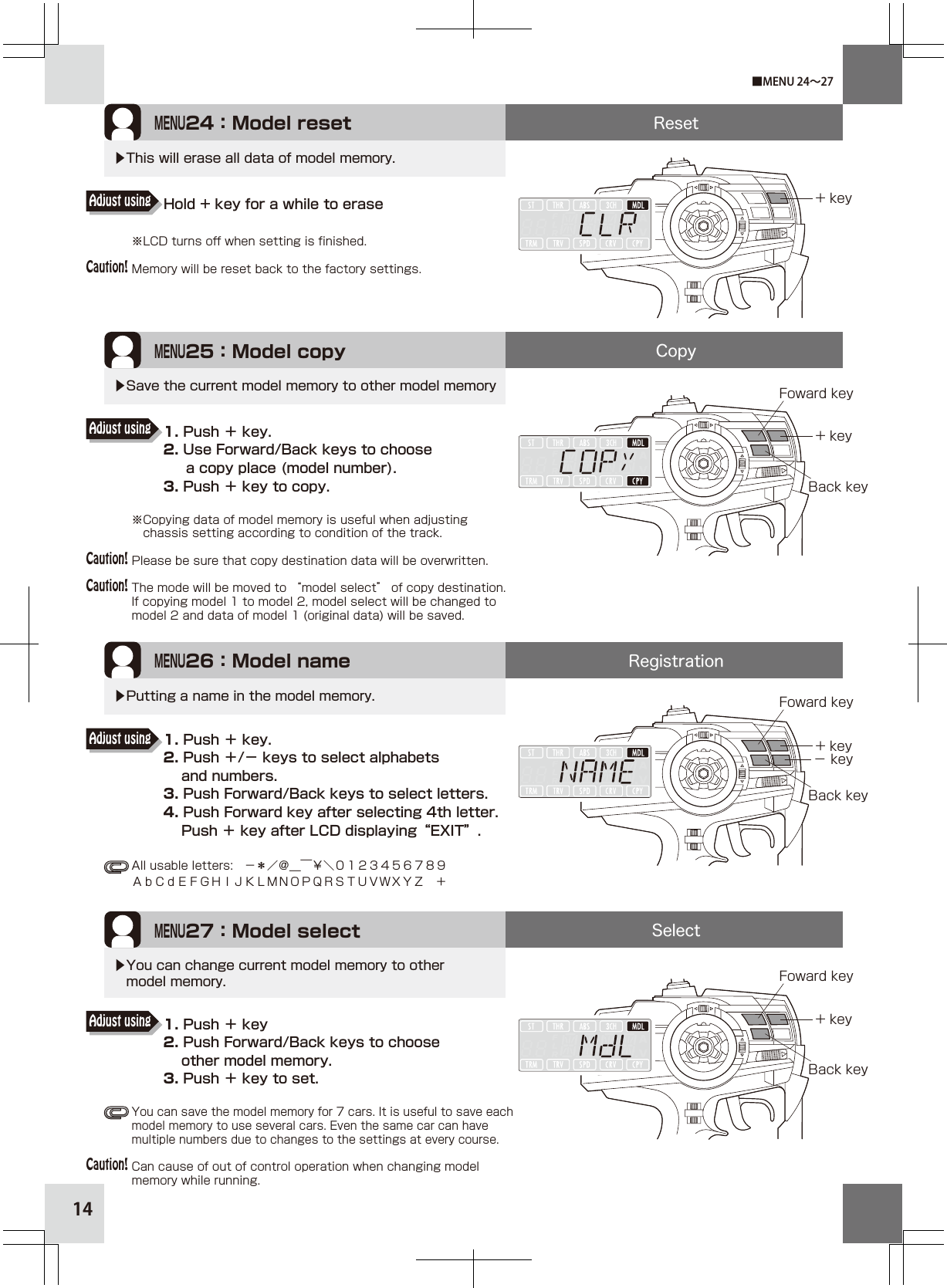 14All usable letters: −＊／＠＿￣￥＼０１２３４５６７８９ＡｂＣｄＥＦＧＨＩＪＫＬＭＮＯＰＱＲＳＴＵＶＷＸＹＺ ＋MENU24：Model reset+ key▶This will erase all data of model memory.MENU25：Model copy+ key▶Save the current model memory to other model memoryMENU26：Model name+ key− key▶Putting a name in the model memory.MENU27：Model select+ key▶You can change current model memory to other  model memory.ResetCopyRegistrationSelect■MENU 24∼27Foward keyBack keyFoward keyBack keyFoward keyBack key1. Push ＋ key.2. Push ＋/− keys to select alphabets     and numbers.3. Push Forward/Back keys to select letters.4. Push Forward key after selecting 4th letter.     Push ＋ key after LCD displaying“EXIT”.Adjust using1. Push ＋ key.2. Use Forward/Back keys to choose      a copy place (model number).3. Push ＋ key to copy.Adjust usingHold + key for a while to eraseAdjust using1. Push ＋ key2. Push Forward/Back keys to choose     other model memory.3. Push ＋ key to set.Adjust usingCaution!Caution!Caution!Caution!※LCD turns off when setting is finished.Memory will be reset back to the factory settings.※Copying data of model memory is useful when adjusting     chassis setting according to condition of the track. Please be sure that copy destination data will be overwritten.The mode will be moved to “model select” of copy destination. If copying model 1 to model 2, model select will be changed to model 2 and data of model 1 (original data) will be saved.You can save the model memory for 7 cars. It is useful to save each model memory to use several cars. Even the same car can have multiple numbers due to changes to the settings at every course.Can cause of out of control operation when changing model memory while running.