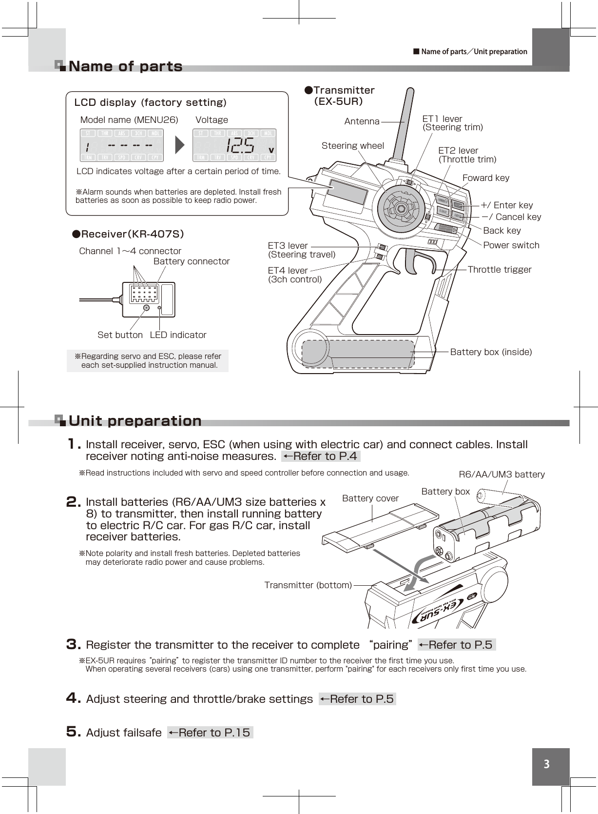 3Name of partsUnit preparation※Alarm sounds when batteries are depleted. Install fresh batteries as soon as possible to keep radio power.Model name (MENU26)  Voltage AntennaLCD display (factory setting)Steering wheelThrottle triggerPower switchFoward keyBack key+/ Enter key−/ Cancel keyET1 lever(Steering trim)ET2 lever(Throttle trim)ET3 lever(Steering travel)ET4 lever(3ch control)LED indicatorSet buttonBattery connectorChannel 1∼4 connector●Transmitter （EX-5UR）●Receiver（KR-407S）※EX-5UR requires “pairing” to register the transmitter ID number to the receiver the first time you use. When operating several receivers (cars) using one transmitter, perform &quot;pairing&quot; for each receivers only first time you use.Battery box (inside)※Note polarity and install fresh batteries. Depleted batteries   may deteriorate radio power and cause problems.※Read instructions included with servo and speed controller before connection and usage.※Regarding servo and ESC, please refer  each set-supplied instruction manual.Battery boxR6/AA/UM3 batteryTransmitter (bottom)Battery coverAdjust steering and throttle/brake settings  ←Refer to P.54. Adjust failsafe  ←Refer to P.155. Register the transmitter to the receiver to complete “pairing”←Refer to P.53. Install batteries (R6/AA/UM3 size batteries x 8) to transmitter, then install running battery to electric R/C car. For gas R/C car, install receiver batteries.2. Install receiver, servo, ESC (when using with electric car) and connect cables. Install receiver noting anti-noise measures.  ←Refer to P.41. LCD indicates voltage after a certain period of time.■ Name of parts／Unit preparation