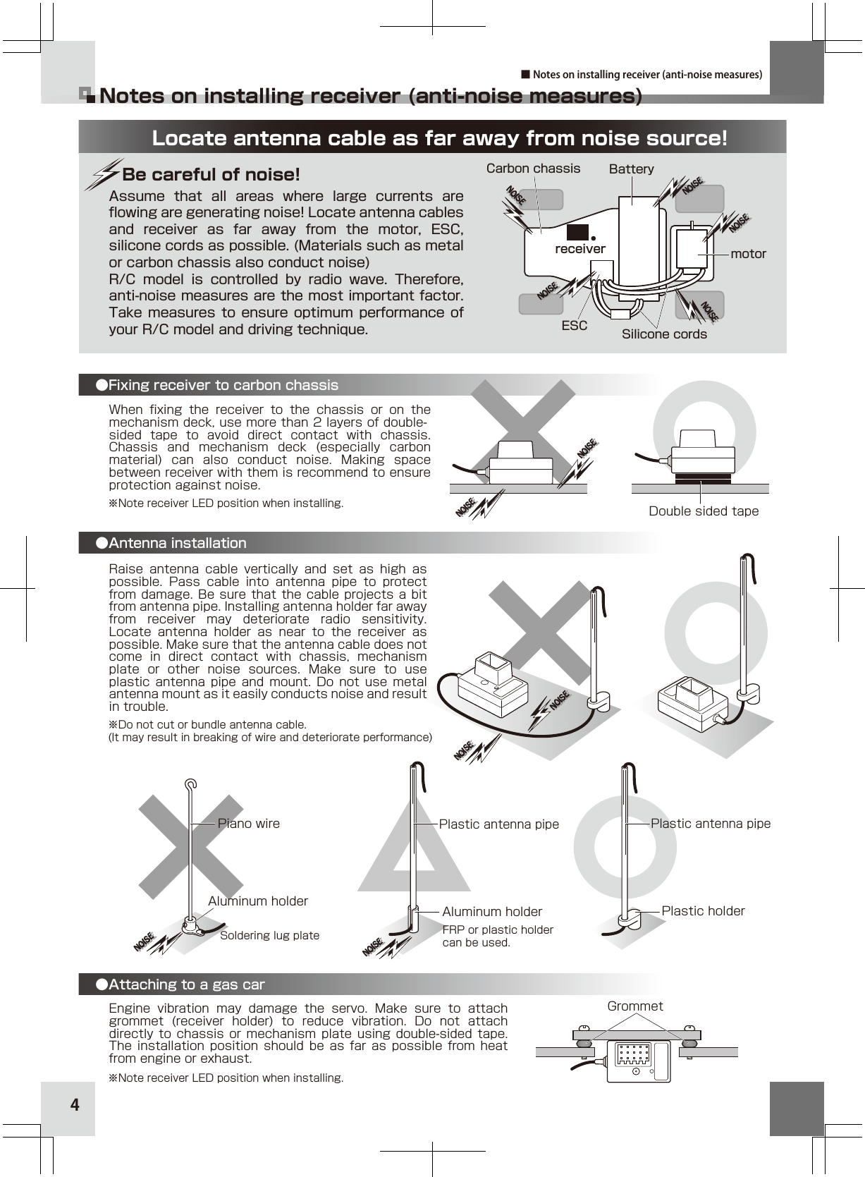 44Carbon chassisAssume  that  all  areas  where  large  currents  are ﬂowing are generating noise! Locate antenna cables and  receiver  as  far  away  from  the  motor,  ESC, silicone cords as possible. (Materials such as metal or carbon chassis also conduct noise)R/C  model  is  controlled  by  radio  wave.  Therefore, anti-noise measures are the most important factor. Take measures to ensure optimum performance of your R/C model and driving technique. Notes on installing receiver (anti-noise measures)When  ﬁxing  the  receiver  to  the  chassis  or  on  the mechanism deck, use more than 2 layers of double-sided  tape  to  avoid  direct  contact  with  chassis. Chassis  and  mechanism  deck  (especially  carbon material)  can  also  conduct  noise.  Making  space between receiver with them is recommend to ensure protection against noise.Raise  antenna  cable  vertically  and  set  as  high  as possible.  Pass  cable  into  antenna  pipe  to  protect from damage. Be sure that the cable projects a bit from antenna pipe. Installing antenna holder far away from  receiver  may  deteriorate  radio  sensitivity. Locate  antenna  holder  as  near  to  the  receiver  as possible. Make sure that the antenna cable does not come  in  direct  contact  with  chassis,  mechanism plate  or  other  noise  sources.  Make  sure  to  use plastic  antenna  pipe  and  mount.  Do  not  use  metal antenna mount as it easily conducts noise and result in trouble.Engine  vibration  may  damage  the  servo.  Make  sure  to  attach grommet  (receiver  holder)  to  reduce  vibration.  Do  not  attach directly to  chassis  or mechanism  plate  using double-sided tape. The  installation  position  should  be  as  far  as  possible  from  heat from engine or exhaust.BatteryreceiverESC Silicone cordsmotorPlastic antenna pipe Plastic antenna pipePlastic holderGrommetAluminum holder Aluminum holderPiano wireDouble sided tapeFRP or plastic holder can be used.Soldering lug plate Locate antenna cable as far away from noise source!●Fixing receiver to carbon chassis●Antenna installation ●Attaching to a gas car※Note receiver LED position when installing.※Note receiver LED position when installing.■ Notes on installing receiver (anti-noise measures)   Be careful of noise!※Do not cut or bundle antenna cable.(It may result in breaking of wire and deteriorate performance)NOISENOISENOISENOISENOISENOISENOISENOISENOISENOISENOISENOISENOISENOISENOISENOISENOISENOISENOISENOISENOISENOISE