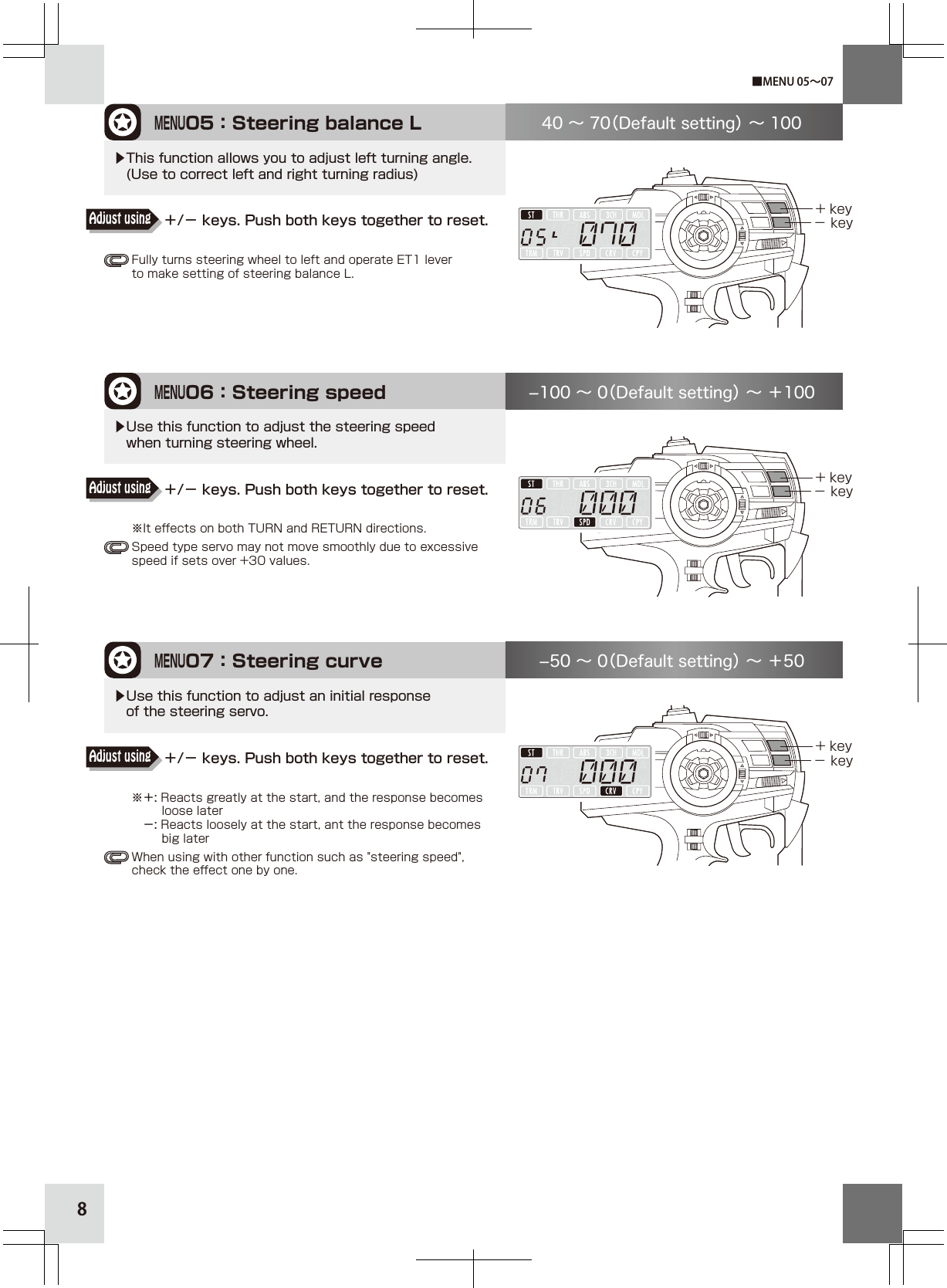 8MENU05：Steering balance L+ key− key40 ∼ 70（Default setting） ∼ 100▶This function allows you to adjust left turning angle. (Use to correct left and right turning radius)MENU06：Steering speed+ key− key100 ∼ 0（Default setting） ∼ ＋100▶Use this function to adjust the steering speed  when turning steering wheel.MENU07：Steering curve+ key− key50 ∼ 0（Default setting） ∼ ＋50▶Use this function to adjust an initial response  of the steering servo.■MENU 05∼07Fully turns steering wheel to left and operate ET1 lever to make setting of steering balance L.※It effects on both TURN and RETURN directions.Speed type servo may not move smoothly due to excessive speed if sets over +30 values. ※＋: Reacts greatly at the start, and the response becomes     loose later −: Reacts loosely at the start, ant the response becomes        big laterWhen using with other function such as &quot;steering speed&quot;, check the effect one by one.＋/− keys. Push both keys together to reset.Adjust using＋/− keys. Push both keys together to reset.Adjust using＋/− keys. Push both keys together to reset.Adjust using