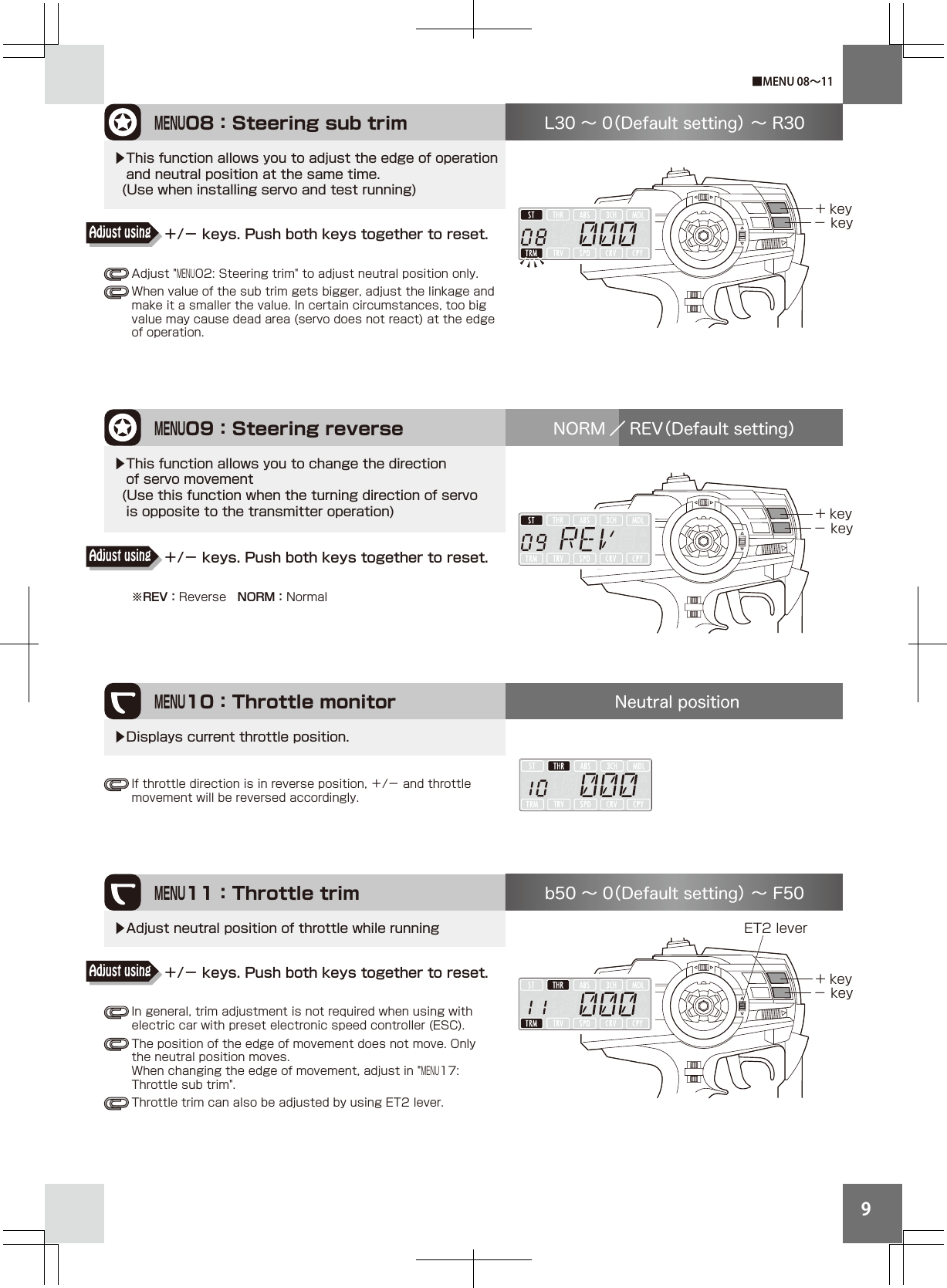 9ET2 leverMENU08：Steering sub trim+ key− keyL30 ∼ 0（Default setting） ∼ R30▶This function allows you to adjust the edge of operation   and neutral position at the same time.  (Use when installing servo and test running)MENU11：Throttle trim+ key− keyb50 ∼ 0（Default setting） ∼ F50MENU09：Steering reverse+ key− keyNORM ／ REV（Default setting）▶This function allows you to change the direction    of servo movement  (Use this function when the turning direction of servo    is opposite to the transmitter operation)※REV：Reverse NORM：NormalMENU10：Throttle monitor Neutral position▶Displays current throttle position.▶Adjust neutral position of throttle while running■MENU 08∼11If throttle direction is in reverse position, ＋/− and throttle movement will be reversed accordingly. Adjust &quot;MENU02: Steering trim&quot; to adjust neutral position only. When value of the sub trim gets bigger, adjust the linkage and make it a smaller the value. In certain circumstances, too big value may cause dead area (servo does not react) at the edge of operation.In general, trim adjustment is not required when using with electric car with preset electronic speed controller (ESC).The position of the edge of movement does not move. Only the neutral position moves.When changing the edge of movement, adjust in &quot;MENU17: Throttle sub trim&quot;.Throttle trim can also be adjusted by using ET2 lever.＋/− keys. Push both keys together to reset.Adjust using＋/− keys. Push both keys together to reset.Adjust using＋/− keys. Push both keys together to reset.Adjust using