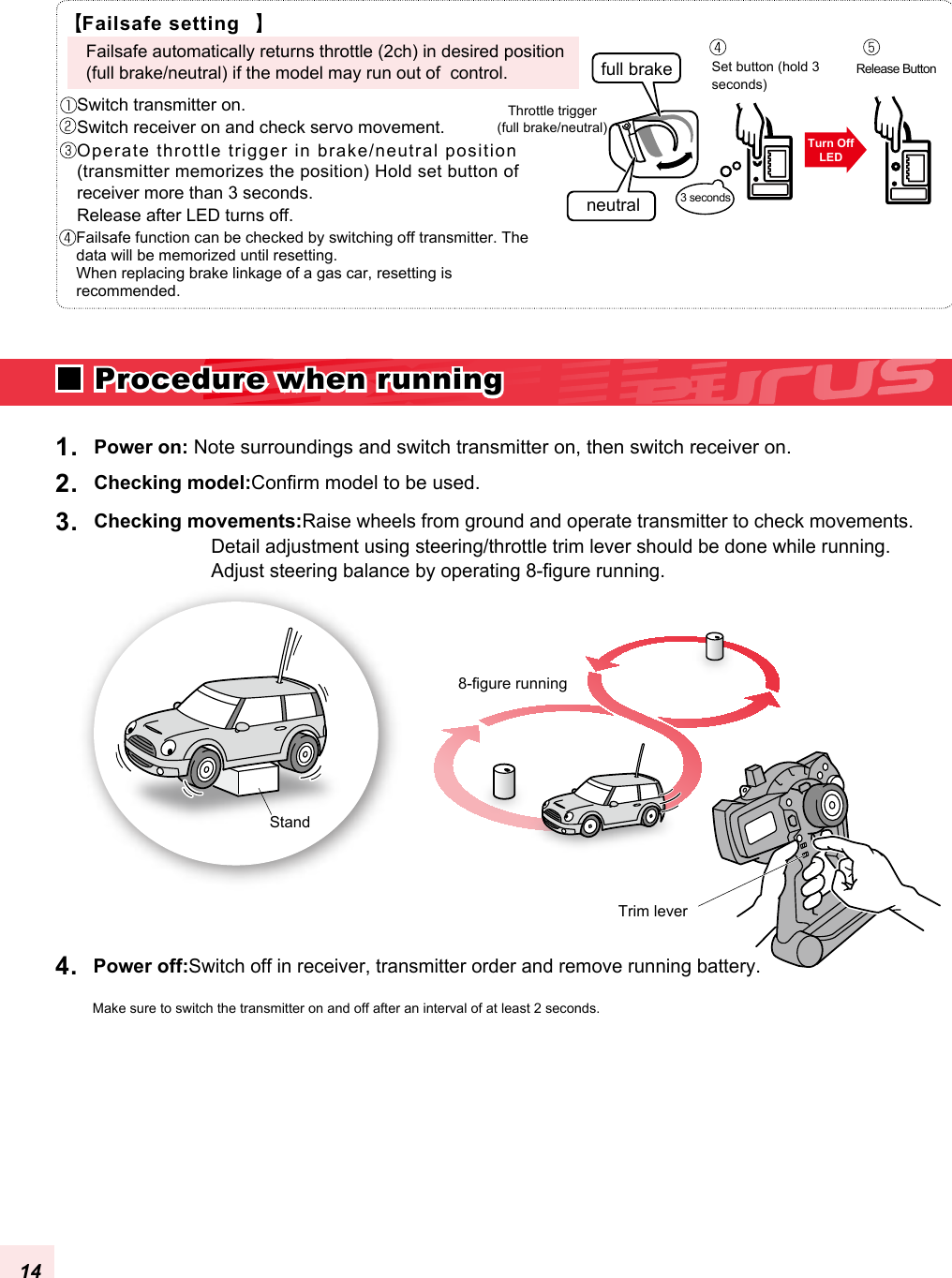 Checking model:Confirm model to be used.2. Power on: Note surroundings and switch transmitter on, then switch receiver on.1. Checking movements:Raise wheels from ground and operate transmitter to check movements. Detail adjustment using steering/throttle trim lever should be done while running. Adjust steering balance by operating 8-figure running.3. Power off:Switch off in receiver, transmitter order and remove running battery.4. Make sure to switch the transmitter on and off after an interval of at least 2 seconds.Stand8-figure runningTrim leverFailsafe settingSwitch transmitter on.Switch receiver on and check servo movement.Operate throttle trigger in brake/neutral position  (transmitter memorizes the position) Hold set button of receiver more than 3 seconds.Release after LED turns off.Release Button3 secondsTurn OffLEDneutralfull brakeFailsafe automatically returns throttle (2ch) in desired position (full brake/neutral) if the model may run out of  control.Failsafe function can be checked by switching off transmitter. The data will be memorized until resetting.When replacing brake linkage of a gas car, resetting is recommended.Throttle trigger(full brake/neutral)Set button (hold 3 seconds)14 Procedure when running