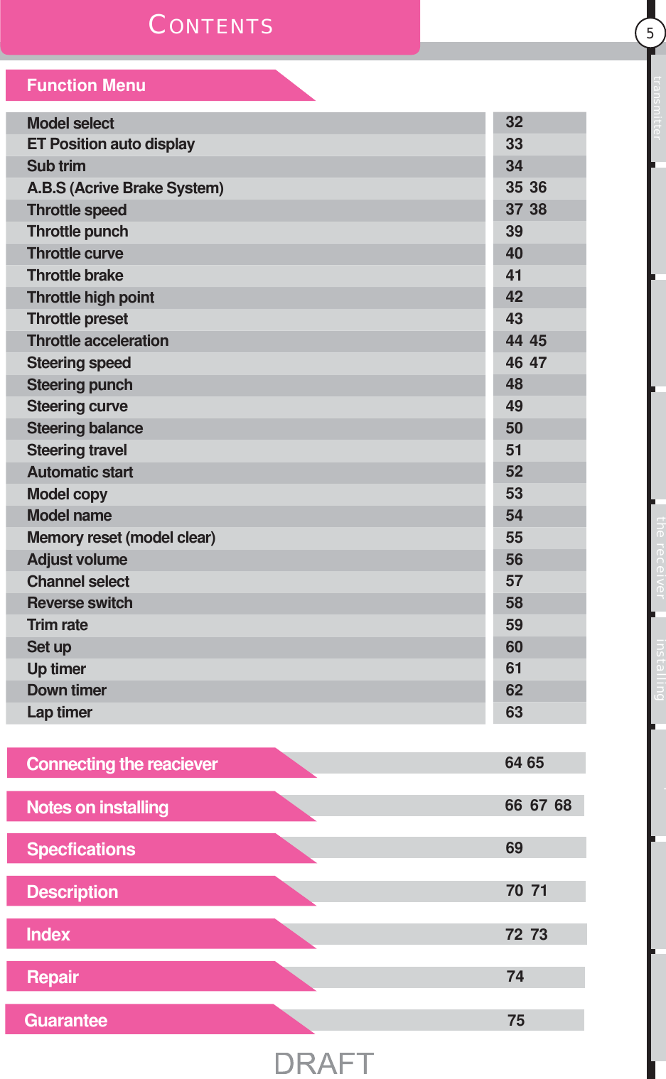 Usage of the transmitter Features Main MenuFunction MenuConnecting the receiver Notes on installing Description Index5CONTENTSFunction Menu Model selectET Position auto displaySub trimA.B.S (Acrive Brake System)Throttle speedThrottle punchThrottle curveThrottle brakeThrottle high pointThrottle presetThrottle accelerationSteering speedSteering punchSteering curveSteering balanceSteering travelAutomatic startModel copyModel nameMemory reset (model clear)Adjust volumeChannel selectReverse switchTrim rateSet upUp timerDown timerLap timer32333435 3637 38394041424344 4546 4748495051525354555657585960616263Connecting the reacieverNotes on installingSpecficationsDescriptionIndexRepairGuarantee64 6566 67 686970 7172 737475