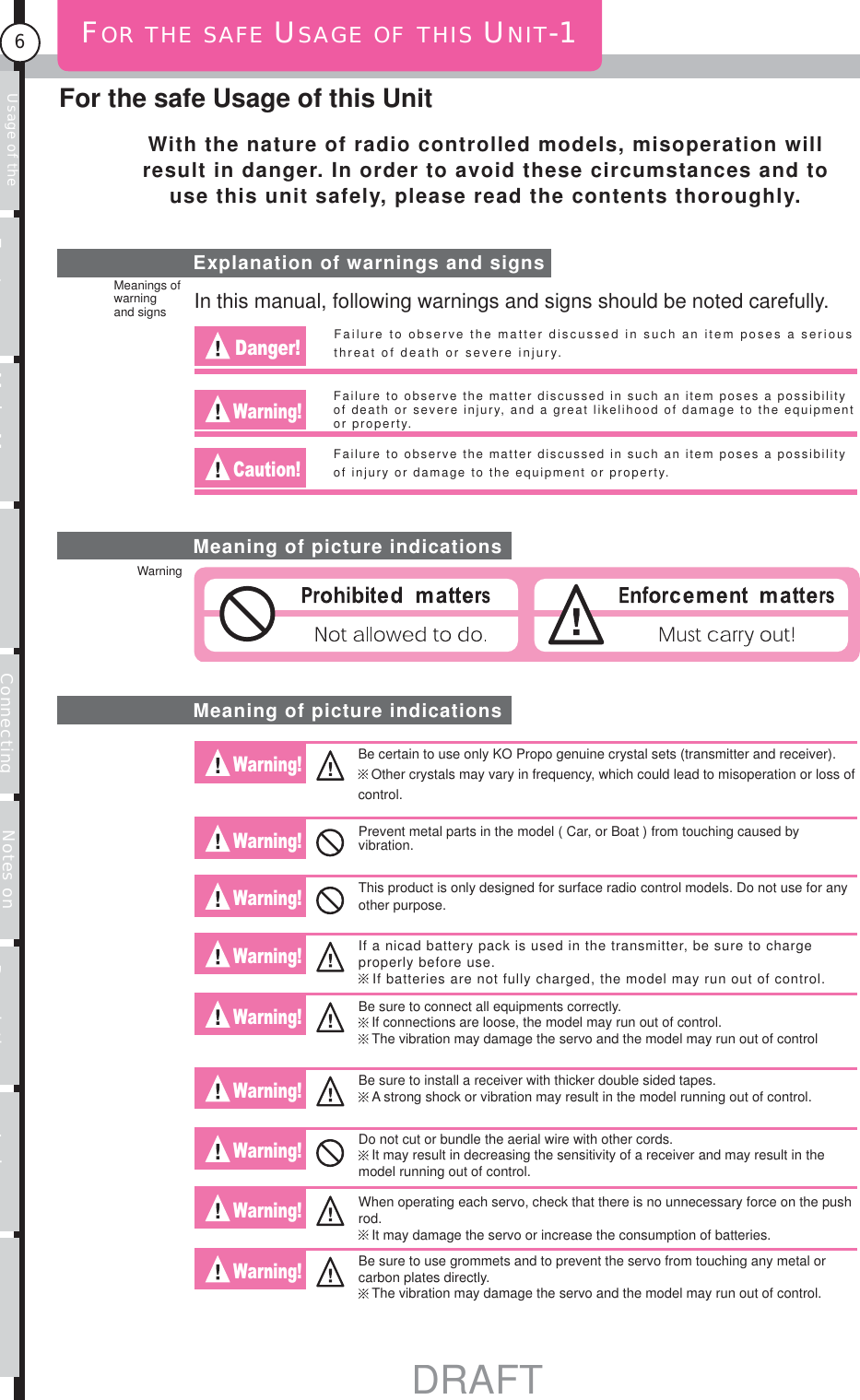Usage of the transmitter Features Main MenuFunction MenuConnecting the receiver Notes on installing Description Index6FOR THE SAFE USAGE OF THIS UNIT-1For the safe Usage of this UnitWith the nature of radio controlled models, misoperation will result in danger. In order to avoid these circumstances and to use this unit safely, please read the contents thoroughly.Explanation of warnings and signsIn this manual, following warnings and signs should be noted carefully.Danger! Warning! Caution! Failure to observe the matter discussed in such an item poses a serious threat of death or severe injury. Failure to observe the matter discussed in such an item poses a possibility of death or severe injury, and a great likelihood of damage to the equipment or property.Failure to observe the matter discussed in such an item poses a possibility of injury or damage to the equipment or property.Meaning of picture indicationsMeaning of picture indicationsWarning! Be certain to use only KO Propo genuine crystal sets (transmitter and receiver). Other crystals may vary in frequency, which could lead to misoperation or loss of control.Warning! Prevent metal parts in the model ( Car, or Boat ) from touching caused by vibration.Warning! This product is only designed for surface radio control models. Do not use for any other purpose.Warning! Warning! If a nicad battery pack is used in the transmitter, be sure to charge properly before use.If batteries are not fully charged, the model may run out of control.Be sure to connect all equipments correctly.If connections are loose, the model may run out of control.The vibration may damage the servo and the model may run out of controlWarning! Warning! Warning! Warning! Be sure to install a receiver with thicker double sided tapes.A strong shock or vibration may result in the model running out of control.Do not cut or bundle the aerial wire with other cords.It may result in decreasing the sensitivity of a receiver and may result in the model running out of control.When operating each servo, check that there is no unnecessary force on the push rod.It may damage the servo or increase the consumption of batteries.Be sure to use grommets and to prevent the servo from touching any metal or carbon plates directly.The vibration may damage the servo and the model may run out of control.Meanings ofwarning and signsWarningDRAFT