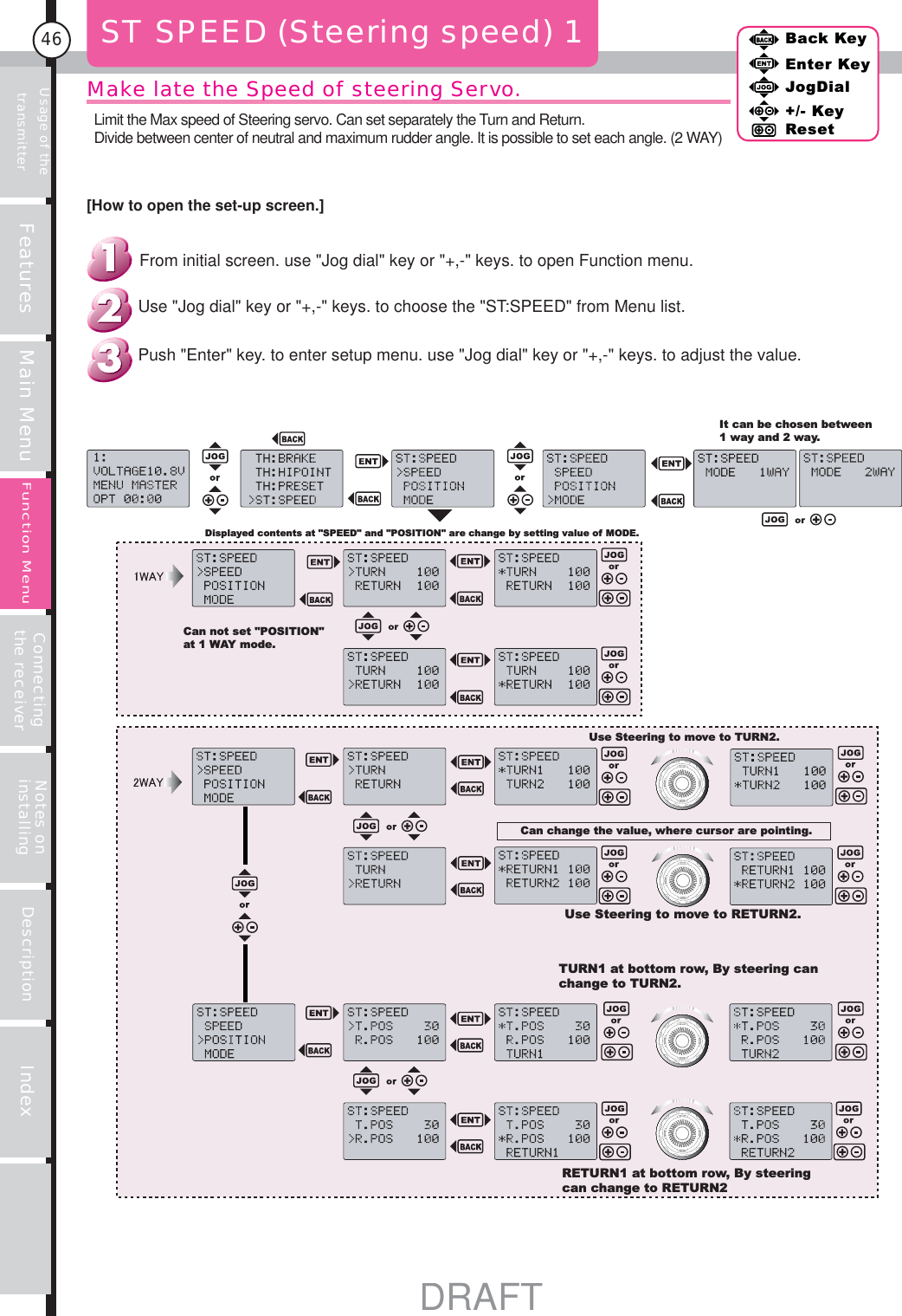 Usage of the transmitter Features Main Menu Connecting the receiver Notes on installing Description Index46Back KeyEnter KeyJogDial+/- KeyResetFunction MenuIt can be chosen between 1 way and 2 way.Displayed contents at &quot;SPEED&quot; and &quot;POSITION&quot; are change by setting value of MODE.Can not set &quot;POSITION&quot; at 1 WAY mode.Use Steering to move to TURN2.Can change the value, where cursor are pointing.Use Steering to move to RETURN2.TURN1 at bottom row, By steering can change to TURN2.RETURN1 at bottom row, By steering can change to RETURN2Make late the Speed of steering Servo.ST SPEED (Steering speed) 1Push &quot;Enter&quot; key. to enter setup menu. use &quot;Jog dial&quot; key or &quot;+,-&quot; keys. to adjust the value.Use &quot;Jog dial&quot; key or &quot;+,-&quot; keys. to choose the &quot;ST:SPEED&quot; from Menu list.From initial screen. use &quot;Jog dial&quot; key or &quot;+,-&quot; keys. to open Function menu.[How to open the set-up screen.]Limit the Max speed of Steering servo. Can set separately the Turn and Return.Divide between center of neutral and maximum rudder angle. It is possible to set each angle. (2 WAY)DRAFT