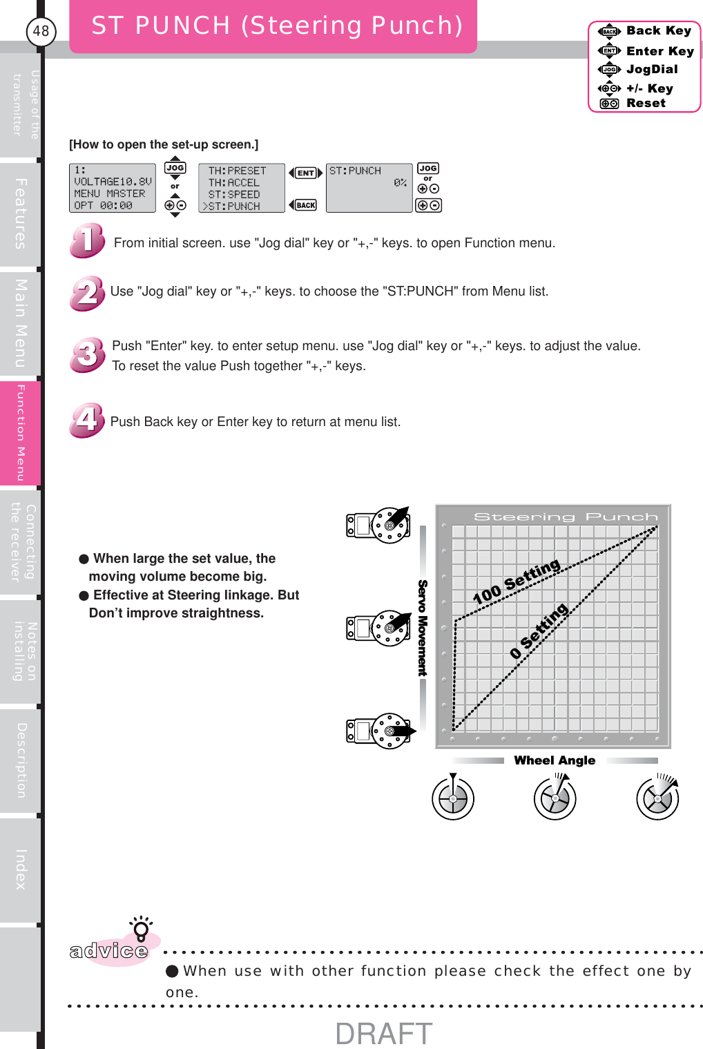 Usage of the transmitter Features Main Menu Connecting the receiver Notes on installing Description Index48Back KeyEnter KeyJogDial+/- KeyResetFunction Menu ST PUNCH (Steering Punch)Servo MovementWheel Angle0Setting100 Settingadvice When use with other function please check the effect one by one.Push Back key or Enter key to return at menu list.Push &quot;Enter&quot; key. to enter setup menu. use &quot;Jog dial&quot; key or &quot;+,-&quot; keys. to adjust the value.To reset the value Push together &quot;+,-&quot; keys.Use &quot;Jog dial&quot; key or &quot;+,-&quot; keys. to choose the &quot;ST:PUNCH&quot; from Menu list. From initial screen. use &quot;Jog dial&quot; key or &quot;+,-&quot; keys. to open Function menu.[How to open the set-up screen.] When large the set value, the moving volume become big. Effective at Steering linkage. But Don’t improve straightness.DRAFT