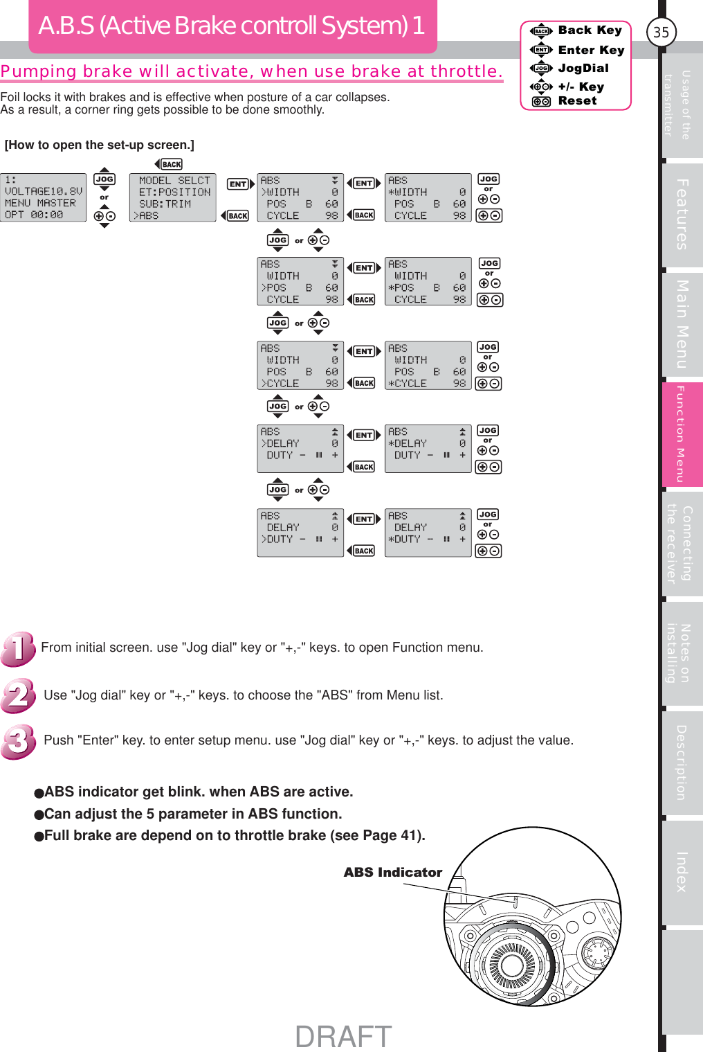 Usage of the transmitter Features Main Menu Connecting the receiver Notes on installing Description Index35Back KeyEnter KeyJogDial+/- KeyResetFunction MenuABS IndicatorPumping brake will activate, when use brake at throttle.From initial screen. use &quot;Jog dial&quot; key or &quot;+,-&quot; keys. to open Function menu.A.B.S (Active Brake controll System) 1ABS indicator get blink. when ABS are active.Can adjust the 5 parameter in ABS function.Full brake are depend on to throttle brake (see Page 41).Push &quot;Enter&quot; key. to enter setup menu. use &quot;Jog dial&quot; key or &quot;+,-&quot; keys. to adjust the value.Use &quot;Jog dial&quot; key or &quot;+,-&quot; keys. to choose the &quot;ABS&quot; from Menu list.[How to open the set-up screen.]Foil locks it with brakes and is effective when posture of a car collapses.As a result, a corner ring gets possible to be done smoothly.DRAFT