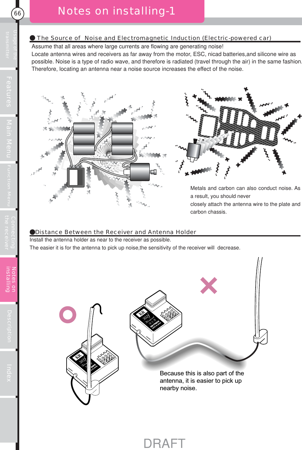 Usage of the transmitter Features Main MenuFunction MenuConnecting the receiver Description Index66Notes on installing-1Because this is also part of the antenna, it is easier to pick up nearby noise.The Source of  Noise and Electromagnetic Induction (Electric-powered car)Distance Between the Receiver and Antenna HolderMetals and carbon can also conduct noise. As a result, you should neverclosely attach the antenna wire to the plate and carbon chassis.Notes on installingAssume that all areas where large currents are flowing are generating noise!Locate antenna wires and receivers as far away from the motor, ESC, nicad batteries,and silicone wire as possible. Noise is a type of radio wave, and therefore is radiated (travel through the air) in the same fashion. Therefore, locating an antenna near a noise source increases the effect of the noise.Install the antenna holder as near to the receiver as possible.The easier it is for the antenna to pick up noise,the sensitivity of the receiver will  decrease.DRAFT