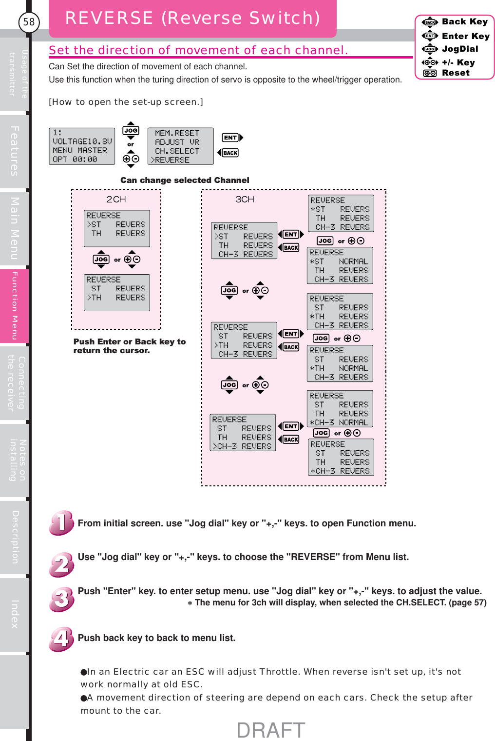 Usage of the transmitter Features Main Menu Connecting the receiver Notes on installing Description Index58Back KeyEnter KeyJogDial+/- KeyResetFunction MenuSet the direction of movement of each channel.Can Set the direction of movement of each channel.Use this function when the turing direction of servo is opposite to the wheel/trigger operation.REVERSE (Reverse Switch)Can change selected ChannelPush Enter or Back key to return the cursor.In an Electric car an ESC will adjust Throttle. When reverse isn&apos;t set up, it&apos;s not work normally at old ESC.A movement direction of steering are depend on each cars. Check the setup after mount to the car.Push back key to back to menu list.Push &quot;Enter&quot; key. to enter setup menu. use &quot;Jog dial&quot; key or &quot;+,-&quot; keys. to adjust the value.The menu for 3ch will display, when selected the CH.SELECT. (page 57)Use &quot;Jog dial&quot; key or &quot;+,-&quot; keys. to choose the &quot;REVERSE&quot; from Menu list.From initial screen. use &quot;Jog dial&quot; key or &quot;+,-&quot; keys. to open Function menu.[How to open the set-up screen.]DRAFT