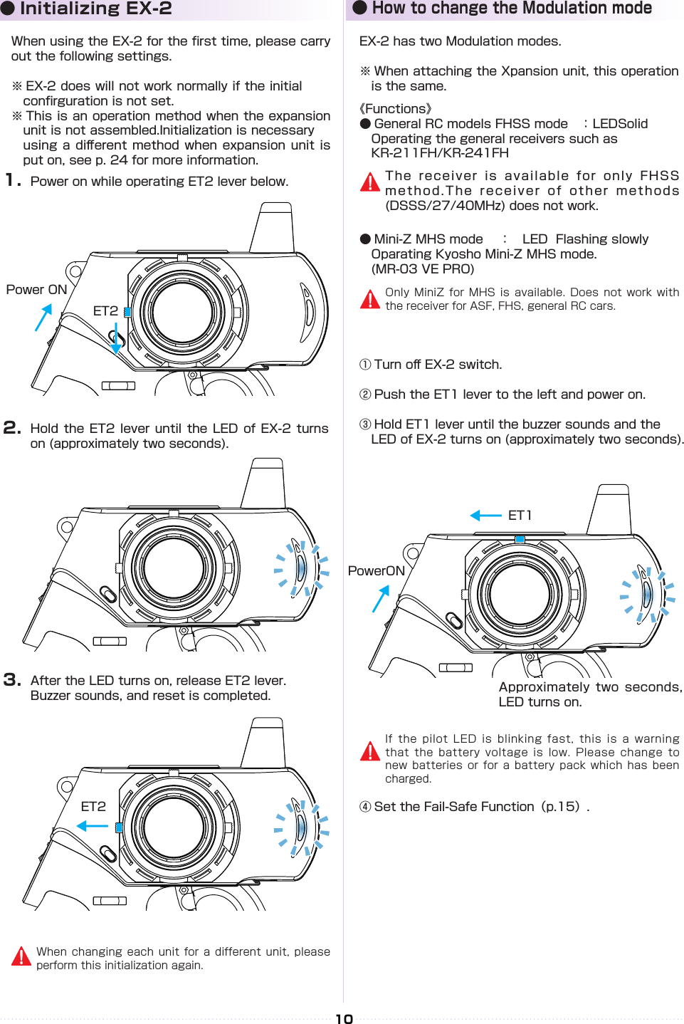 10● Initializing EX-2 ●How to change the Modulation mode 1.2.3.Power on while operating ET2 lever below.ET2ET2Power ONWhen using the EX-2 for the rst time, please carry out the following settings.※ EX-2 does will not work normally if the initial 　　　conrguration is not set.※ This is an operation method when the expansion 　unit is not assembled.Initialization is necessary 　　using a di󰮏erent  method  when expansion unit  is 　put on, see p. 24 for more information.EX-2 has two Modulation modes.※ When attaching the Xpansion unit, this operation 　is the same.① Turn o󰮏 EX-2 switch.② Push the ET1 lever to the left and power on.③ Hold ET1 lever until the buzzer sounds and the 　　LED of EX-2 turns on (approximately two seconds). ④ Set the Fail-Safe Function（p.15）.《Functions》● General RC models FHSS mode　： LEDSolid　Operating the general receivers such as 　KR-211FH/KR-241FH ● Mini-Z MHS mode 　：　LED  Flashing slowly　Oparating Kyosho Mini-Z MHS mode.　(MR-03 VE PRO)Hold the ET2  lever  until the LED  of  EX-2 turns on (approximately two seconds).After the LED turns on, release ET2 lever.Buzzer sounds, and reset is completed.When changing each unit for  a  different  unit,  please perform this initialization again.The receiver is  available  for only FHSS method.The receiver of  other methods (DSSS/27/40MHz) does not work.Only MiniZ for MHS is  available.  Does  not  work  with the receiver for ASF, FHS, general RC cars.If the pilot LED is  blinking  fast,  this  is  a warning that the battery voltage is  low.  Please  change  to new batteries or for a  battery  pack  which  has  been charged.↓↓↓↓PowerON↓↓↓ET1Approximately two seconds, LED turns on.