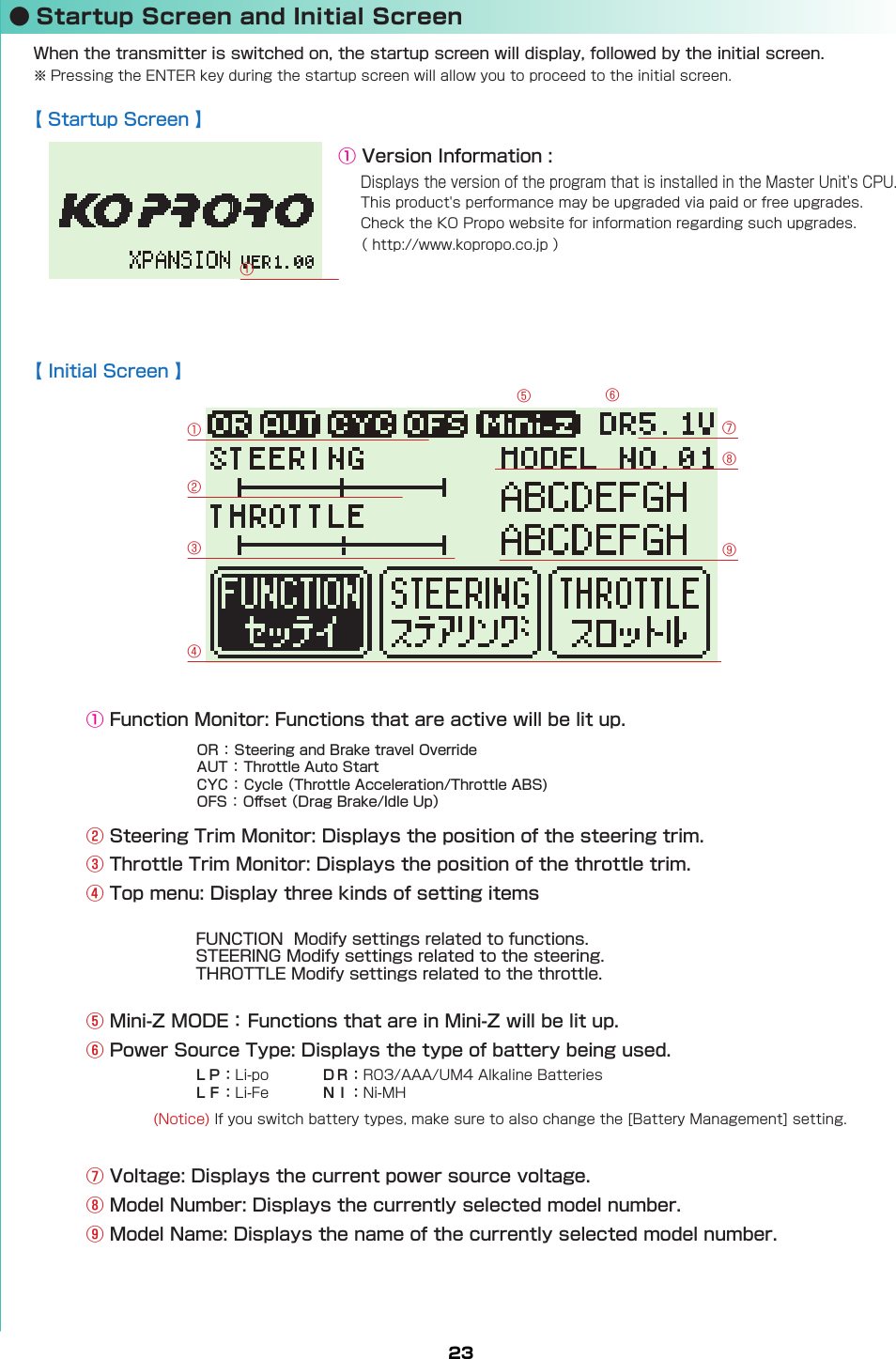 23● Startup Screen and Initial ScreenWhen the transmitter is switched on, the startup screen will display, followed by the initial screen.※ Pressing the ENTER key during the startup screen will allow you to proceed to the initial screen.①①⑥⑧⑦⑨②③④① Function Monitor: Functions that are active will be lit up.② Steering Trim Monitor: Displays the position of the steering trim.③ Throttle Trim Monitor: Displays the position of the throttle trim.④ Top menu: Display three kinds of setting items　　　　　　　FUNCTION  Modify settings related to functions.　　　　　　　STEERING Modify settings related to the steering.　　　　　　　THROTTLE Modify settings related to the throttle.⑤ Mini-Z MODE： Functions that are in Mini-Z will be lit up.⑥ Power Source Type: Displays the type of battery being used.⑦ Voltage: Displays the current power source voltage.⑧ Model Number: Displays the currently selected model number.⑨ Model Name: Displays the name of the currently selected model number.⑤① Version Information :Displays the version of the program that is installed in the Master Unit&apos;s CPU.This product&apos;s performance may be upgraded via paid or free upgrades. Check the KO Propo website for information regarding such upgrades.  （ http://www.kopropo.co.jp ） 【 Startup Screen 】【 Initial Screen 】ＬＰ：Li-poＬＦ：Li-FeＤＲ：R03/AAA/UM4 Alkaline BatteriesＮＩ：Ni-MHOR ： Steering and Brake travel OverrideAUT ： Throttle Auto StartCYC ： Cycle （Throttle Acceleration/Throttle ABS)OFS ： O󰮏set （Drag Brake/Idle Up）(Notice) If you switch battery types, make sure to also change the [Battery Management] setting.