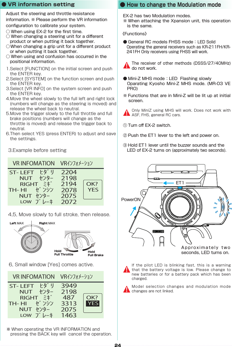 ST- LEFT20782ﾋﾀﾞﾘRIGHTﾐｷﾞNUTｾﾝﾀｰTH- HIｾﾞﾝｼﾝLOWﾌﾞﾚｰｷNUTｾﾝﾀｰ 20752072OK?YES219822042194VR INFOMATION VRｲﾝﾌｫﾒｰｼｮﾝST- LEFT33132ﾋﾀﾞﾘRIGHTﾐｷﾞNUTｾﾝﾀｰTH- HIｾﾞﾝｼﾝLOWﾌﾞﾚｰｷNUTｾﾝﾀｰ 20751463OK?YES21983949487VR INFOMATION VRｲﾝﾌｫﾒｰｼｮﾝRight MAXLeft MAXHoldFull Throttle HoldFull Brake24● VR information settingAdjust the steering and throttle resistance information. ※ Please perform the VR information conguration to calibrate your system.○ When using EX-2 for the rst time.○ When changing a steering unit for a di󰮏erent 　　product or when putting it back together.○ When changing a grip unit for a di󰮏erent product 　or when putting it back together.○ When using and confusion has occurred in the 　positional information.1.Select [FUNCTION] on the initial screen and push 　the ENTER key.2.Select [SYSTEM] on the function screen and push 　the ENTER key.3.Select [VR INFO] on the system screen and push 　the ENTER key.4.Move the wheel slowly to the full left and right lock 　(numbers will change as the steering is moved) and 　release the wheel back to neutral.5.Move the trigger slowly to the full throttle and full 　brake positions (numbers will change as the　throttle is moved) and release the trigger back to 　neutral.6.Then select YES (press ENTER) to adjust and save 　the settings.4,5, Move slowly to full stroke, then release.3.Example before setting6, Small window [Yes] comes active.※ When operating the VR INFORMATION and 　　　　pressing the BACK key will  cancel the operation.●How to change the Modulation modeEX-2 has two Modulation modes.※ When attaching the Xpansion unit, this operation 　is the same.※ Functions that are in Mini-Z will be lit up at initial 　 screen.① Turn o󰮏 EX-2 switch.② Push the ET1 lever to the left and power on.③ Hold ET1 lever until the buzzer sounds and the 　　LED of EX-2 turns on (approximately two seconds). ● General RC models FHSS mode： LED Solid　Operating the general receivers such as KR-211FH/KR-　241FH Only receivers using FHSS will work. ● Mini-Z MHS mode ：LED  Flashing slowly　Oparating Kyosho Mini-Z  MHS mode. (MR-03  VE 　PRO)The receiver of  other methods (DSSS/27/40MHz) do not work.Only MiniZ using MHS will work. Does not work with ASF, FHS, general RC cars.If the pilot LED is blinking fast, this is a warning that the battery voltage is low. Please change to new batteries or for a battery pack which has been charged.Model selection changes and modulation mode changes are not linked.PowerON↓↓↓ET1Approximately two seconds, LED turns on.《Functions》