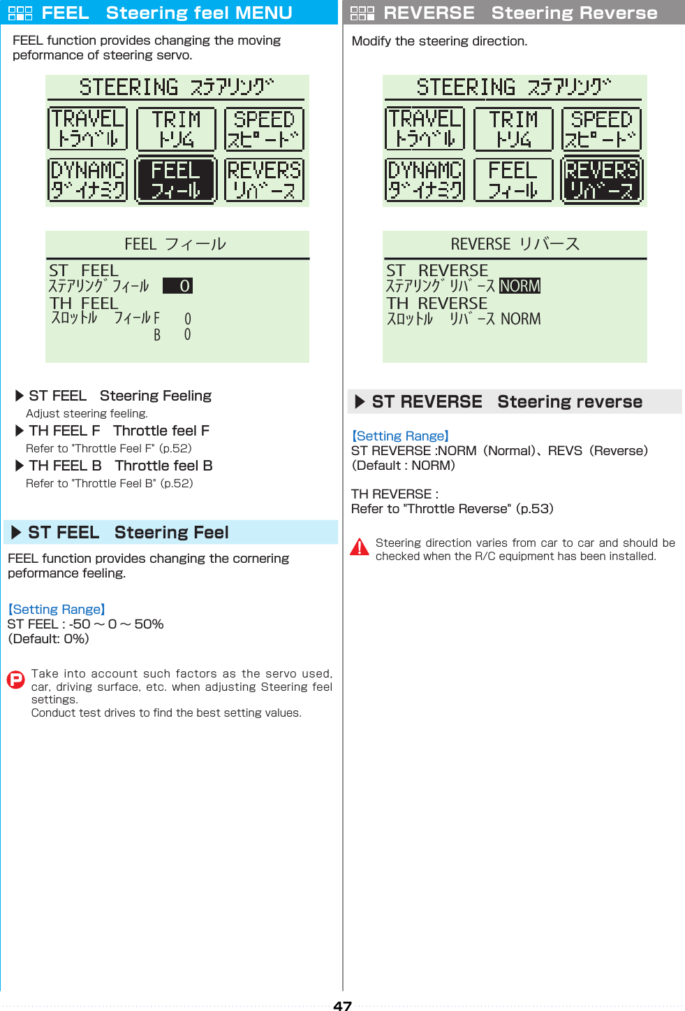 47ST   FEELTH  FEELｽﾃｱﾘﾝｸﾞﾌｨｰﾙ 0BFｽﾛｯﾄﾙ    ﾌｨｰﾙ00FEEL  フィールST   REVERSETH  REVERSEｽﾃｱﾘﾝｸﾞﾘﾊﾞｰｽNORMｽﾛｯﾄﾙ    ﾘﾊﾞｰｽNORMREVERSE  リバースFEEL　Steering feel MENU REVERSE　Steering Reverse▶ ST FEEL　Steering Feeling　▶ TH FEEL F　Throttle feel F　▶ TH FEEL B　Throttle feel B　▶ST FEEL　Steering Feel▶ST REVERSE　Steering reverse       P