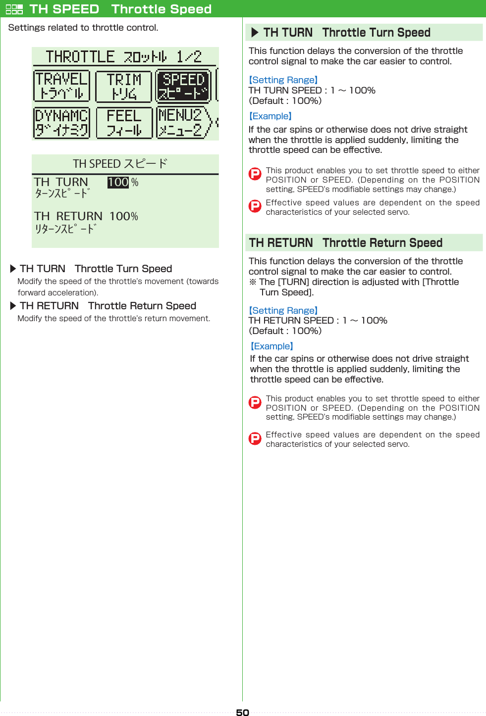 50TH  TURN   100 %TH  RETURN  100 %ﾀｰﾝｽﾋﾟｰﾄﾞﾘﾀｰﾝｽﾋﾟｰﾄﾞTH SPEED スピードTH SPEED　Throttle Speed▶ TH TURN　Throttle Turn Speed　▶ TH RETURN　Throttle Return Speed　     ▶TH TURN　Throttle Turn SpeedTH RETURN　Throttle Return SpeedPPPP󰮏󰮏