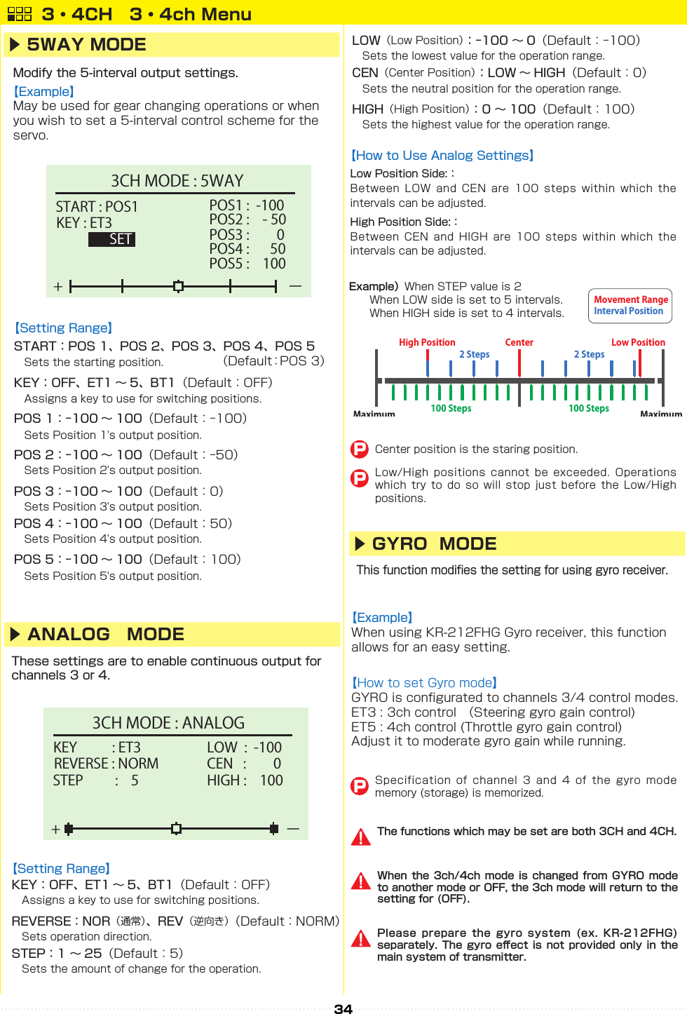34            START : POS13CH MODE : 5WAYKEY : ET3SET+ーPOS1 :  -100POS2 :    - 50POS3 :     0POS4 :   50POS5 :    100▶ 5WAY MODE3・4CH　3・4ch MenuKEY    : ET33CH MODE : ANALOGREVERSE : NORM+ーLOW  :  -100CEN   :     0HIGH :    100STEP   :    5100 Steps 100 Steps2 Steps2 StepsInterval PositionMaximum High AngleHigh PositionMovement RangeCenterMaximum Low AngleLow Position▶ ANALOG　MODE▶ GYRO  MODE       PPPExample）The functions which may be set are both 3CH and 4CH.When the 3ch/4ch mode is changed from GYRO mode to another mode or OFF, the 3ch mode will return to the setting for (OFF). Please prepare the gyro system (ex. KR-212FHG) separately. The gyro e󰮏ect is not provided only in the main system of transmitter.