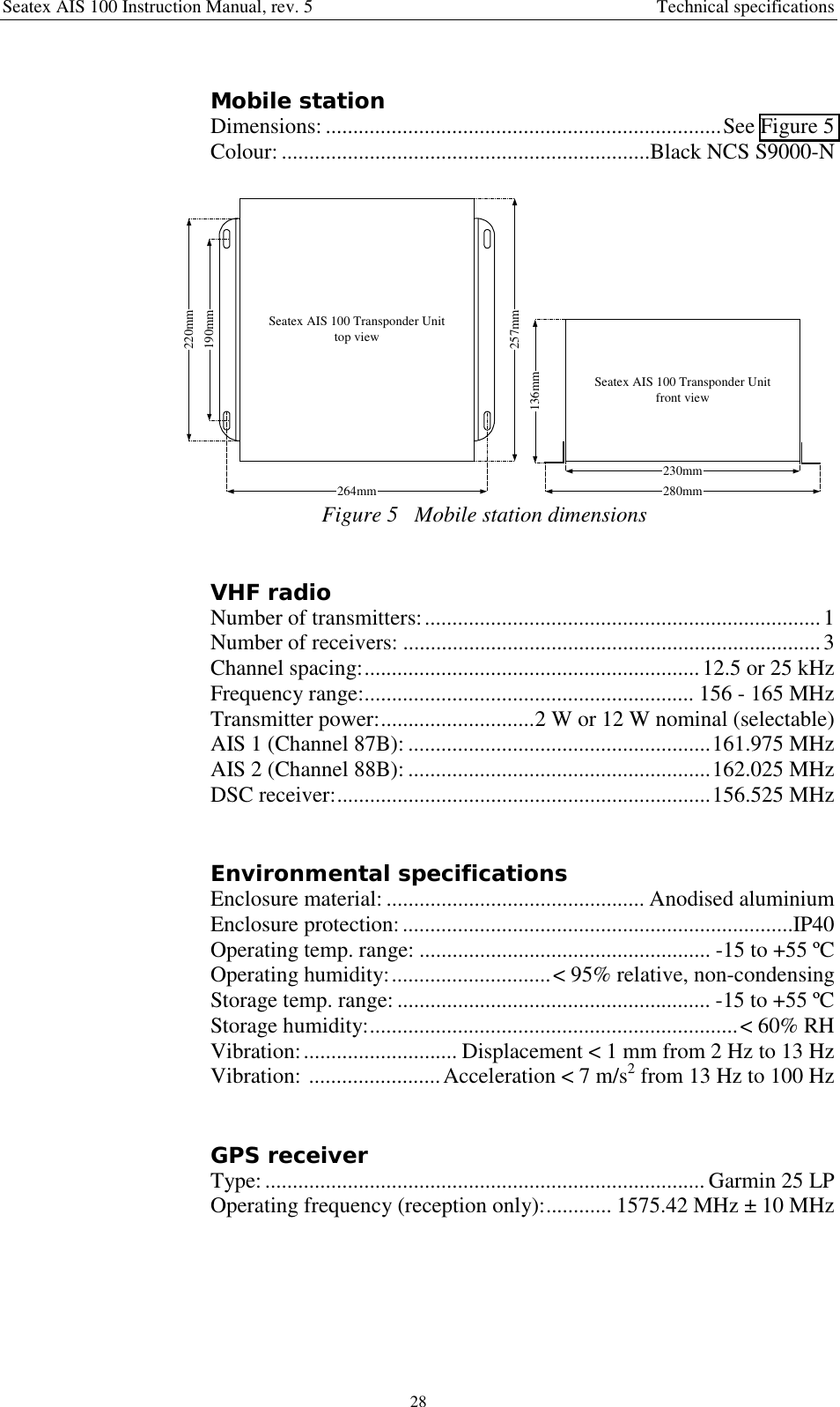 Seatex AIS 100 Instruction Manual, rev. 5 Technical specifications28Mobile stationDimensions: ........................................................................See Figure 5Colour: ...................................................................Black NCS S9000-NSeatex AIS 100 Transponder Unitfront viewSeatex AIS 100 Transponder Unittop view190mm220mm264mm230mm280mm136mm257mmFigure 5   Mobile station dimensionsVHF radioNumber of transmitters:........................................................................1Number of receivers: ............................................................................3Channel spacing:.............................................................12.5 or 25 kHzFrequency range:............................................................ 156 - 165 MHzTransmitter power:............................2 W or 12 W nominal (selectable)AIS 1 (Channel 87B): .......................................................161.975 MHzAIS 2 (Channel 88B): .......................................................162.025 MHzDSC receiver:....................................................................156.525 MHzEnvironmental specificationsEnclosure material: ............................................... Anodised aluminiumEnclosure protection:.......................................................................IP40Operating temp. range: ..................................................... -15 to +55 ºCOperating humidity:.............................&lt; 95% relative, non-condensingStorage temp. range: ......................................................... -15 to +55 ºCStorage humidity:...................................................................&lt; 60% RHVibration:............................ Displacement &lt; 1 mm from 2 Hz to 13 HzVibration: ........................Acceleration &lt; 7 m/s2 from 13 Hz to 100 HzGPS receiverType:................................................................................ Garmin 25 LPOperating frequency (reception only):............ 1575.42 MHz ± 10 MHz