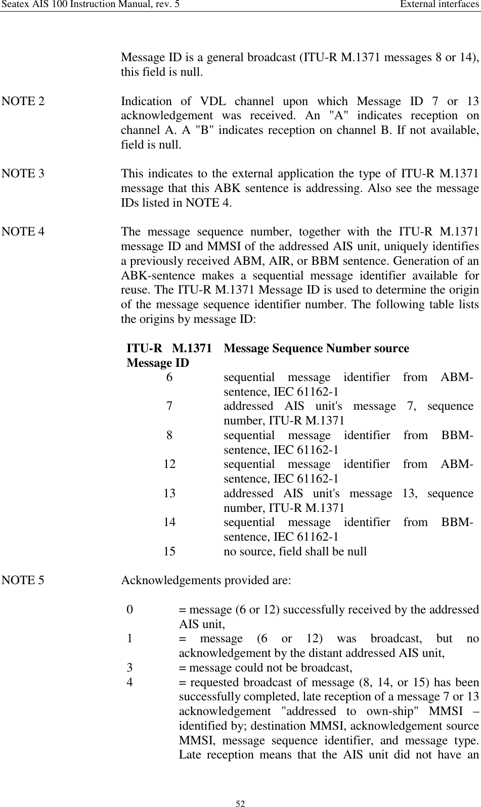 Seatex AIS 100 Instruction Manual, rev. 5 External interfaces52Message ID is a general broadcast (ITU-R M.1371 messages 8 or 14),this field is null.NOTE 2  Indication of VDL channel upon which Message ID 7 or 13acknowledgement was received. An &quot;A&quot; indicates reception onchannel A. A &quot;B&quot; indicates reception on channel B. If not available,field is null.NOTE 3  This indicates to the external application the type of ITU-R M.1371message that this ABK sentence is addressing. Also see the messageIDs listed in NOTE 4.NOTE 4  The message sequence number, together with the ITU-R M.1371message ID and MMSI of the addressed AIS unit, uniquely identifiesa previously received ABM, AIR, or BBM sentence. Generation of anABK-sentence makes a sequential message identifier available forreuse. The ITU-R M.1371 Message ID is used to determine the originof the message sequence identifier number. The following table liststhe origins by message ID:ITU-R M.1371Message ID Message Sequence Number source6 sequential message identifier from ABM-sentence, IEC 61162-17 addressed AIS unit&apos;s message 7, sequencenumber, ITU-R M.13718 sequential message identifier from BBM-sentence, IEC 61162-112 sequential message identifier from ABM-sentence, IEC 61162-113 addressed AIS unit&apos;s message 13, sequencenumber, ITU-R M.137114 sequential message identifier from BBM-sentence, IEC 61162-115 no source, field shall be nullNOTE 5  Acknowledgements provided are:0 = message (6 or 12) successfully received by the addressedAIS unit,1 = message (6 or 12) was broadcast, but noacknowledgement by the distant addressed AIS unit,3 = message could not be broadcast,4 = requested broadcast of message (8, 14, or 15) has beensuccessfully completed, late reception of a message 7 or 13acknowledgement &quot;addressed to own-ship&quot; MMSI –identified by; destination MMSI, acknowledgement sourceMMSI, message sequence identifier, and message type.Late reception means that the AIS unit did not have an
