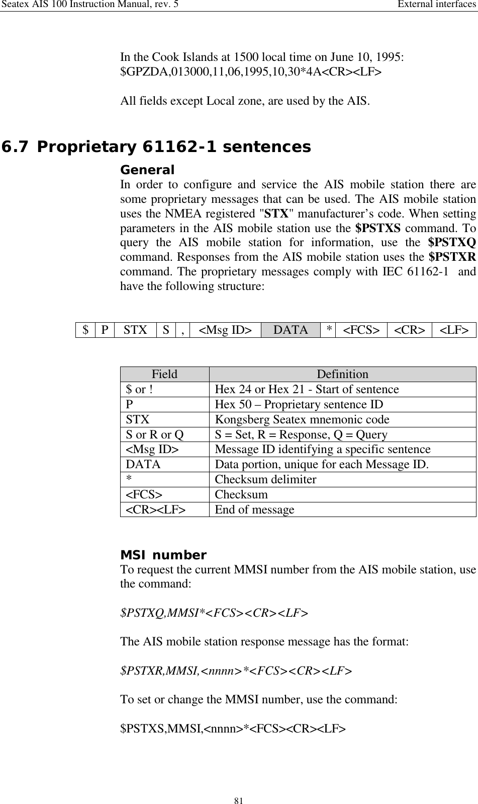 Seatex AIS 100 Instruction Manual, rev. 5 External interfaces81In the Cook Islands at 1500 local time on June 10, 1995:$GPZDA,013000,11,06,1995,10,30*4A&lt;CR&gt;&lt;LF&gt;All fields except Local zone, are used by the AIS.6.7 Proprietary 61162-1 sentencesGeneralIn order to configure and service the AIS mobile station there aresome proprietary messages that can be used. The AIS mobile stationuses the NMEA registered &quot;STX&quot; manufacturer’s code. When settingparameters in the AIS mobile station use the $PSTXS command. Toquery the AIS mobile station for information, use the $PSTXQcommand. Responses from the AIS mobile station uses the $PSTXRcommand. The proprietary messages comply with IEC 61162-1  andhave the following structure:$P STX S, &lt;Msg ID&gt; DATA * &lt;FCS&gt; &lt;CR&gt; &lt;LF&gt;Field Definition$ or ! Hex 24 or Hex 21 - Start of sentenceP Hex 50 – Proprietary sentence IDSTX Kongsberg Seatex mnemonic codeS or R or Q S = Set, R = Response, Q = Query&lt;Msg ID&gt; Message ID identifying a specific sentenceDATA Data portion, unique for each Message ID.* Checksum delimiter&lt;FCS&gt; Checksum&lt;CR&gt;&lt;LF&gt; End of messageMSI numberTo request the current MMSI number from the AIS mobile station, usethe command:$PSTXQ,MMSI*&lt;FCS&gt;&lt;CR&gt;&lt;LF&gt;The AIS mobile station response message has the format:$PSTXR,MMSI,&lt;nnnn&gt;*&lt;FCS&gt;&lt;CR&gt;&lt;LF&gt;To set or change the MMSI number, use the command:$PSTXS,MMSI,&lt;nnnn&gt;*&lt;FCS&gt;&lt;CR&gt;&lt;LF&gt;