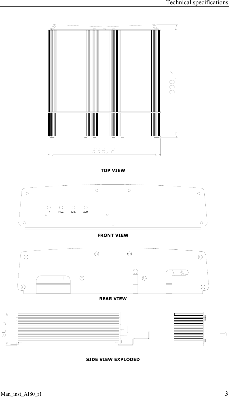 Technical specifications Man_inst_AI80_r1 3 TOP VIEW TX MSG GPS ALM FRONT VIEW REAR VIEW SIDE VIEW EXPLODED