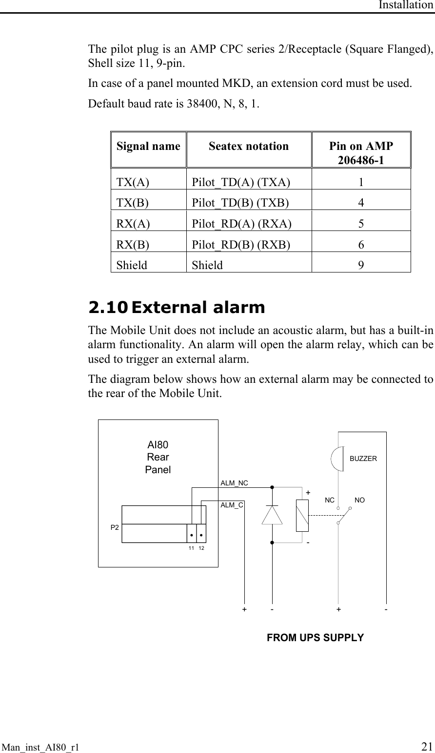 Installation Man_inst_AI80_r1 21 The pilot plug is an AMP CPC series 2/Receptacle (Square Flanged), Shell size 11, 9-pin. In case of a panel mounted MKD, an extension cord must be used. Default baud rate is 38400, N, 8, 1. Signal name Seatex notation Pin on AMP 206486-1 TX(A) Pilot_TD(A) (TXA) 1 TX(B) Pilot_TD(B) (TXB) 4 RX(A) Pilot_RD(A) (RXA) 5 RX(B) Pilot_RD(B) (RXB) 6 Shield Shield 9 2.10 External alarm The Mobile Unit does not include an acoustic alarm, but has a built-in alarm functionality. An alarm will open the alarm relay, which can be used to trigger an external alarm. The diagram below shows how an external alarm may be connected to the rear of the Mobile Unit. AI80RearPanel11 12P2+-+-BUZZERNC NO+-ALM_CALM_NCFROM UPS SUPPLY