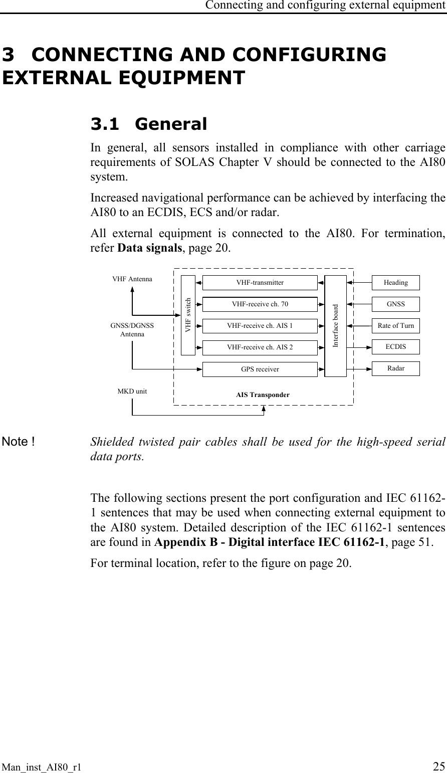 Connecting and configuring external equipment Man_inst_AI80_r1 25 3 CONNECTING AND CONFIGURING EXTERNAL EQUIPMENT 3.1 General In general, all sensors installed in compliance with other carriage requirements of SOLAS Chapter V should be connected to the AI80 system. Increased navigational performance can be achieved by interfacing the AI80 to an ECDIS, ECS and/or radar. All external equipment is connected to the AI80. For termination, refer Data signals, page 20. VHF-transmitterVHF-receive ch. 70VHF-receive ch. AIS 1VHF-receive ch. AIS 2GPS receiverInterface boardVHF switchAIS TransponderGNSS/DGNSSAntennaVHF Antenna HeadingGNSSRate of TurnECDISRadarMKD unit Note ! Shielded twisted pair cables shall be used for the high-speed serial data ports. The following sections present the port configuration and IEC 61162-1 sentences that may be used when connecting external equipment to the AI80 system. Detailed description of the IEC 61162-1 sentences are found in Appendix B - Digital interface IEC 61162-1, page 51. For terminal location, refer to the figure on page 20.