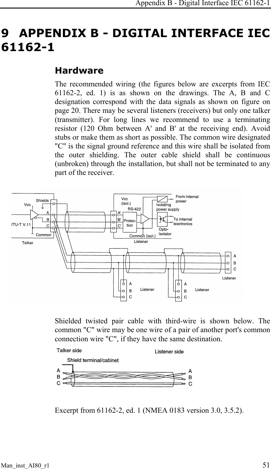 Appendix B - Digital Interface IEC 61162-1 Man_inst_AI80_r1 51 9 APPENDIX B - DIGITAL INTERFACE IEC 61162-1 Hardware The recommended wiring (the figures below are excerpts from IEC 61162-2, ed. 1) is as shown on the drawings. The A, B and C designation correspond with the data signals as shown on figure on page 20. There may be several listeners (receivers) but only one talker (transmitter). For long lines we recommend to use a terminating resistor (120 Ohm between A' and B' at the receiving end). Avoid stubs or make them as short as possible. The common wire designated "C" is the signal ground reference and this wire shall be isolated from the outer shielding. The outer cable shield shall be continuous (unbroken) through the installation, but shall not be terminated to any part of the receiver. Shielded twisted pair cable with third-wire is shown below. The common "C" wire may be one wire of a pair of another port's common connection wire "C", if they have the same destination. Excerpt from 61162-2, ed. 1 (NMEA 0183 version 3.0, 3.5.2).