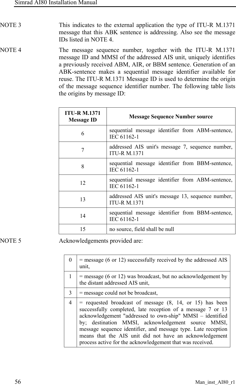 Simrad AI80 Installation Manual 56 Man_inst_AI80_r1 NOTE 3 This indicates to the external application the type of ITU-R M.1371 message that this ABK sentence is addressing. Also see the message IDs listed in NOTE 4. NOTE 4 The message sequence number, together with the ITU-R M.1371 message ID and MMSI of the addressed AIS unit, uniquely identifies a previously received ABM, AIR, or BBM sentence. Generation of an ABK-sentence makes a sequential message identifier available for reuse. The ITU-R M.1371 Message ID is used to determine the origin of the message sequence identifier number. The following table lists the origins by message ID: ITU-R M.1371 Message ID Message Sequence Number source 6 sequential message identifier from ABM-sentence, IEC 61162-1 7 addressed AIS unit's message 7, sequence number, ITU-R M.1371 8 sequential message identifier from BBM-sentence, IEC 61162-1 12 sequential message identifier from ABM-sentence, IEC 61162-1 13 addressed AIS unit's message 13, sequence number, ITU-R M.1371 14 sequential message identifier from BBM-sentence, IEC 61162-1 15 no source, field shall be null NOTE 5 Acknowledgements provided are: 0 = message (6 or 12) successfully received by the addressed AIS unit, 1 = message (6 or 12) was broadcast, but no acknowledgement by the distant addressed AIS unit, 3 = message could not be broadcast, 4 = requested broadcast of message (8, 14, or 15) has been successfully completed, late reception of a message 7 or 13 acknowledgement "addressed to own-ship" MMSI – identified by; destination MMSI, acknowledgement source MMSI, message sequence identifier, and message type. Late reception means that the AIS unit did not have an acknowledgement process active for the acknowledgement that was received.