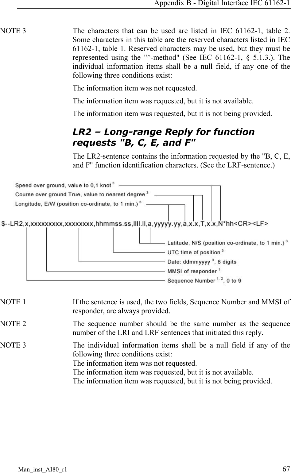 Appendix B - Digital Interface IEC 61162-1 Man_inst_AI80_r1 67 NOTE 3 The characters that can be used are listed in IEC 61162-1, table 2. Some characters in this table are the reserved characters listed in IEC 61162-1, table 1. Reserved characters may be used, but they must be represented using the "^-method" (See IEC 61162-1, § 5.1.3.). The individual information items shall be a null field, if any one of the following three conditions exist: The information item was not requested. The information item was requested, but it is not available. The information item was requested, but it is not being provided. LR2 – Long-range Reply for function requests "B, C, E, and F" The LR2-sentence contains the information requested by the "B, C, E, and F" function identification characters. (See the LRF-sentence.) NOTE 1 If the sentence is used, the two fields, Sequence Number and MMSI of responder, are always provided. NOTE 2 The sequence number should be the same number as the sequence number of the LRI and LRF sentences that initiated this reply. NOTE 3 The individual information items shall be a null field if any of the following three conditions exist: The information item was not requested. The information item was requested, but it is not available. The information item was requested, but it is not being provided.