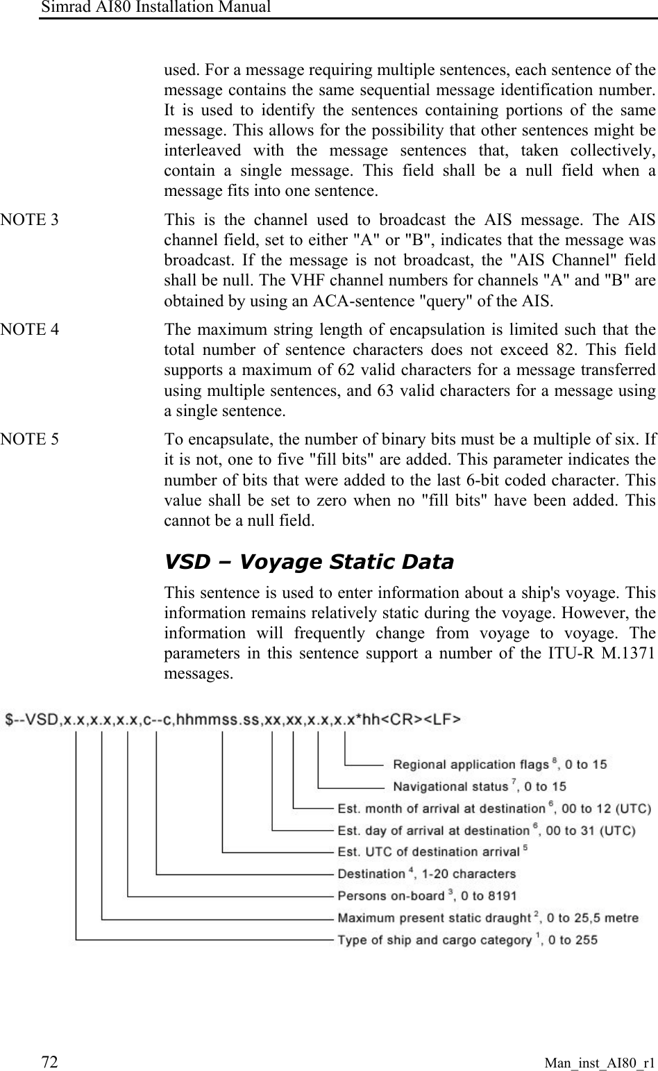Simrad AI80 Installation Manual 72 Man_inst_AI80_r1 used. For a message requiring multiple sentences, each sentence of the message contains the same sequential message identification number. It is used to identify the sentences containing portions of the same message. This allows for the possibility that other sentences might be interleaved with the message sentences that, taken collectively, contain a single message. This field shall be a null field when a message fits into one sentence. NOTE 3 This is the channel used to broadcast the AIS message. The AIS channel field, set to either "A" or "B", indicates that the message was broadcast. If the message is not broadcast, the "AIS Channel" field shall be null. The VHF channel numbers for channels "A" and "B" are obtained by using an ACA-sentence "query" of the AIS. NOTE 4 The maximum string length of encapsulation is limited such that the total number of sentence characters does not exceed 82. This field supports a maximum of 62 valid characters for a message transferred using multiple sentences, and 63 valid characters for a message using a single sentence. NOTE 5 To encapsulate, the number of binary bits must be a multiple of six. If it is not, one to five "fill bits" are added. This parameter indicates the number of bits that were added to the last 6-bit coded character. This value shall be set to zero when no "fill bits" have been added. This cannot be a null field. VSD – Voyage Static Data This sentence is used to enter information about a ship's voyage. This information remains relatively static during the voyage. However, the information will frequently change from voyage to voyage. The parameters in this sentence support a number of the ITU-R M.1371 messages.