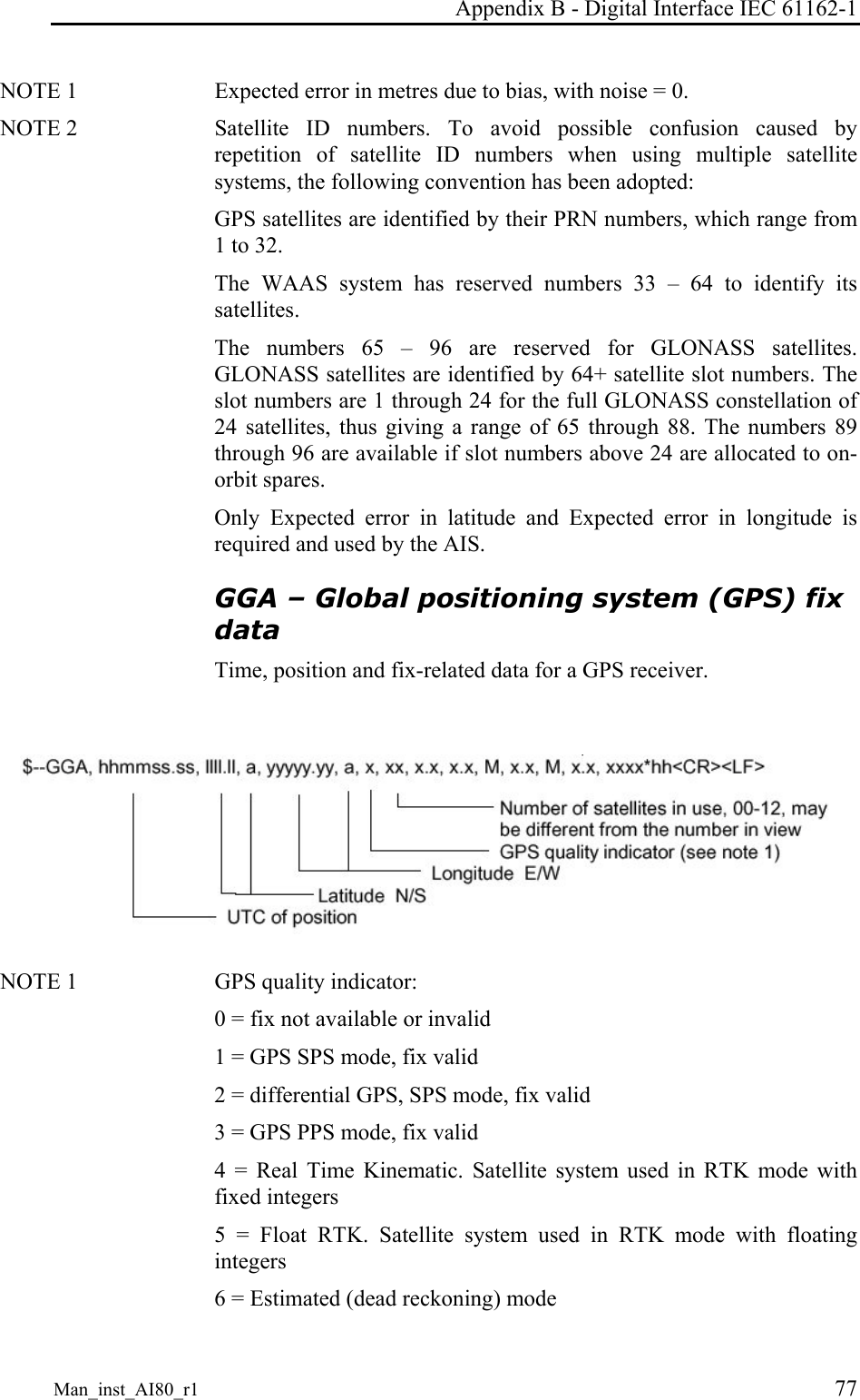 Appendix B - Digital Interface IEC 61162-1 Man_inst_AI80_r1 77 NOTE 1 Expected error in metres due to bias, with noise = 0. NOTE 2 Satellite ID numbers. To avoid possible confusion caused by repetition of satellite ID numbers when using multiple satellite systems, the following convention has been adopted: GPS satellites are identified by their PRN numbers, which range from 1 to 32. The WAAS system has reserved numbers 33 – 64 to identify its satellites. The numbers 65 – 96 are reserved for GLONASS satellites. GLONASS satellites are identified by 64+ satellite slot numbers. The slot numbers are 1 through 24 for the full GLONASS constellation of 24 satellites, thus giving a range of 65 through 88. The numbers 89 through 96 are available if slot numbers above 24 are allocated to on-orbit spares. Only Expected error in latitude and Expected error in longitude is required and used by the AIS. GGA – Global positioning system (GPS) fix data Time, position and fix-related data for a GPS receiver. NOTE 1 GPS quality indicator: 0 = fix not available or invalid 1 = GPS SPS mode, fix valid 2 = differential GPS, SPS mode, fix valid 3 = GPS PPS mode, fix valid 4 = Real Time Kinematic. Satellite system used in RTK mode with fixed integers 5 = Float RTK. Satellite system used in RTK mode with floating integers 6 = Estimated (dead reckoning) mode