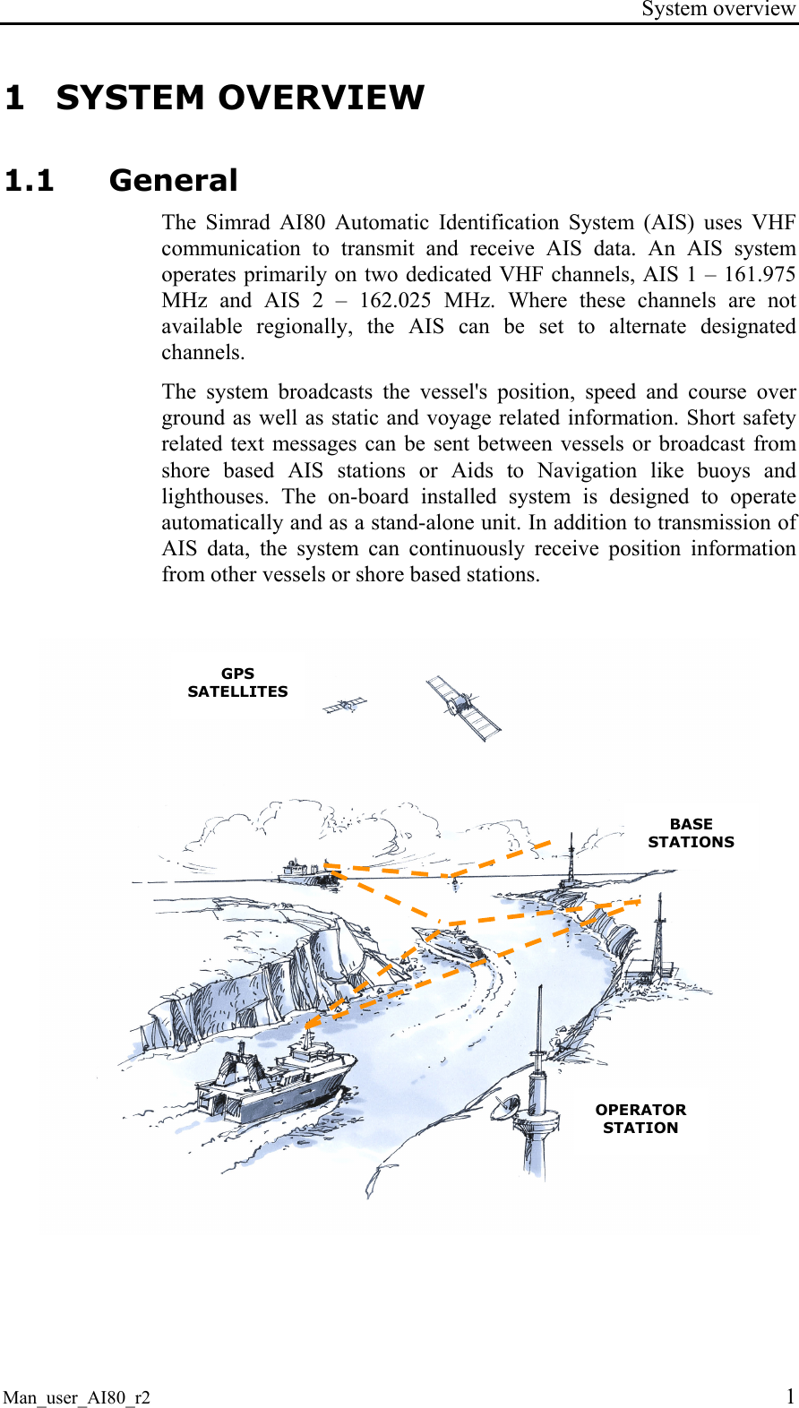 System overview Man_user_AI80_r2 1 1 SYSTEM OVERVIEW 1.1 General The Simrad AI80 Automatic Identification System (AIS) uses VHF communication to transmit and receive AIS data. An AIS system operates primarily on two dedicated VHF channels, AIS 1 – 161.975 MHz and AIS 2 – 162.025 MHz. Where these channels are not available regionally, the AIS can be set to alternate designated channels. The system broadcasts the vessel's position, speed and course over ground as well as static and voyage related information. Short safety related text messages can be sent between vessels or broadcast from shore based AIS stations or Aids to Navigation like buoys and lighthouses. The on-board installed system is designed to operate automatically and as a stand-alone unit. In addition to transmission of AIS data, the system can continuously receive position information from other vessels or shore based stations. GPS SATELLITES BASE STATIONS OPERATOR STATION