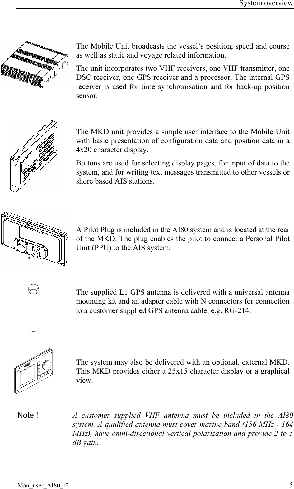 System overview Man_user_AI80_r2 5 The Mobile Unit broadcasts the vessel’s position, speed and course as well as static and voyage related information. The unit incorporates two VHF receivers, one VHF transmitter, one DSC receiver, one GPS receiver and a processor. The internal GPS receiver is used for time synchronisation and for back-up position sensor. The MKD unit provides a simple user interface to the Mobile Unit with basic presentation of configuration data and position data in a 4x20 character display. Buttons are used for selecting display pages, for input of data to the system, and for writing text messages transmitted to other vessels or shore based AIS stations. A Pilot Plug is included in the AI80 system and is located at the rear of the MKD. The plug enables the pilot to connect a Personal Pilot Unit (PPU) to the AIS system. The supplied L1 GPS antenna is delivered with a universal antenna mounting kit and an adapter cable with N connectors for connection to a customer supplied GPS antenna cable, e.g. RG-214. The system may also be delivered with an optional, external MKD. This MKD provides either a 25x15 character display or a graphical view. Note ! A customer supplied VHF antenna must be included in the AI80 system. A qualified antenna must cover marine band (156 MHz - 164 MHz), have omni-directional vertical polarization and provide 2 to 5 dB gain.