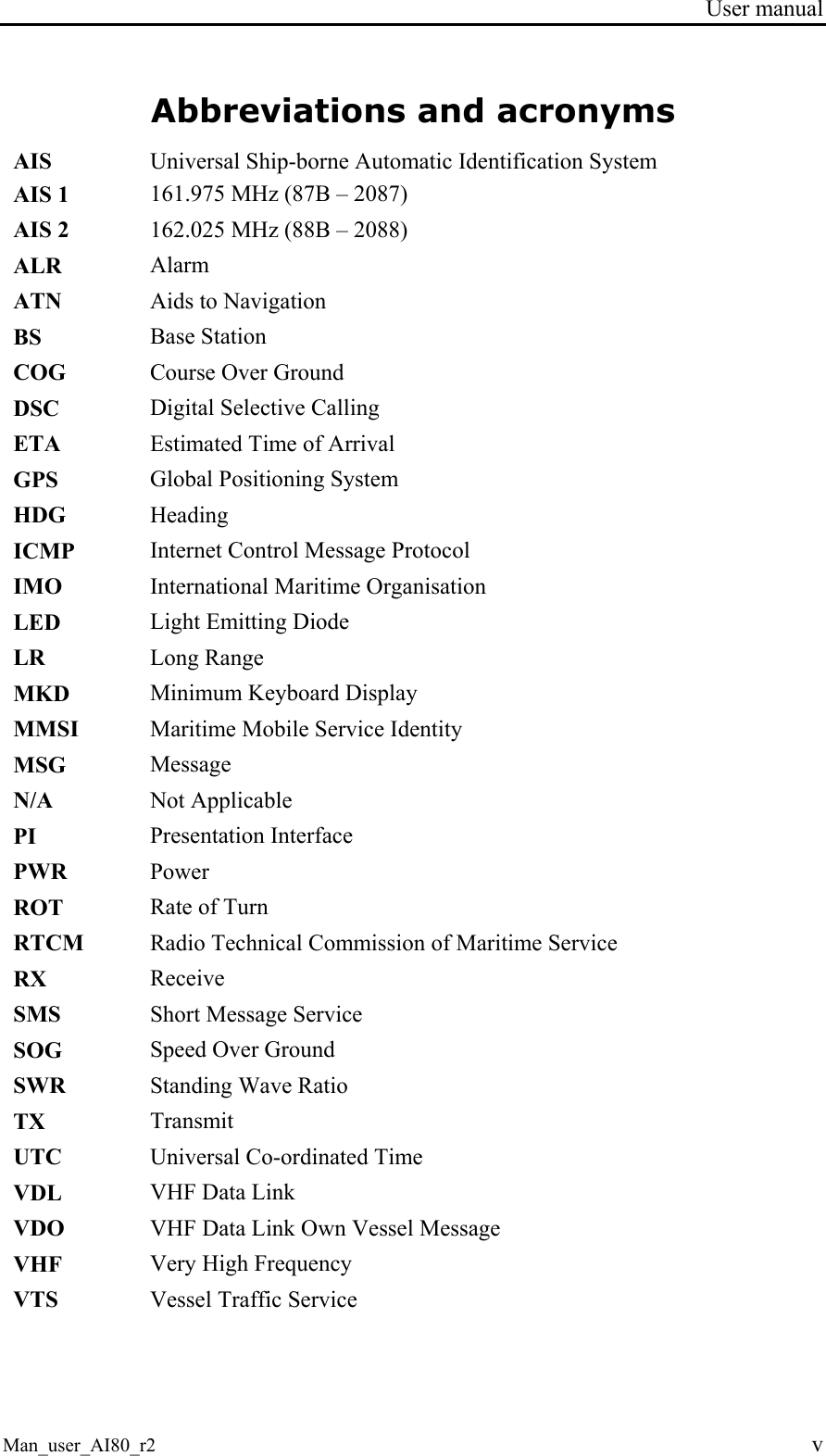 User manual Man_user_AI80_r2 v Abbreviations and acronyms AIS Universal Ship-borne Automatic Identification System AIS 1 161.975 MHz (87B – 2087) AIS 2 162.025 MHz (88B – 2088) ALR Alarm ATN Aids to Navigation BS Base Station COG Course Over Ground DSC Digital Selective Calling ETA Estimated Time of Arrival GPS Global Positioning System HDG Heading ICMP Internet Control Message Protocol IMO International Maritime Organisation LED Light Emitting Diode LR Long Range MKD Minimum Keyboard Display MMSI Maritime Mobile Service Identity MSG Message N/A Not Applicable PI Presentation Interface PWR Power ROT Rate of Turn RTCM Radio Technical Commission of Maritime Service RX Receive SMS Short Message Service SOG Speed Over Ground SWR Standing Wave Ratio TX Transmit UTC Universal Co-ordinated Time VDL VHF Data Link VDO VHF Data Link Own Vessel Message VHF Very High Frequency VTS Vessel Traffic Service