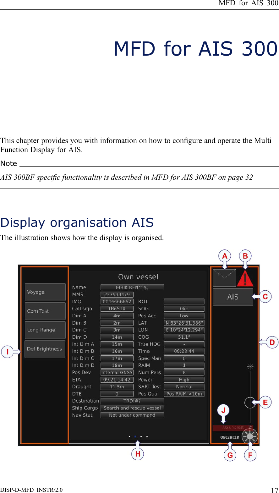 MFDforAIS300MFDforAIS300ThischapterprovidesyouwithinformationonhowtocongureandoperatetheMultiFunctionDisplayforAIS.NoteAIS300BFspecicfunctionalityisdescribedinMFDforAIS300BFonpage32DisplayorganisationAISTheillustrationshowshowthedisplayisorganised.DISP-D-MFD_INSTR/2.017
