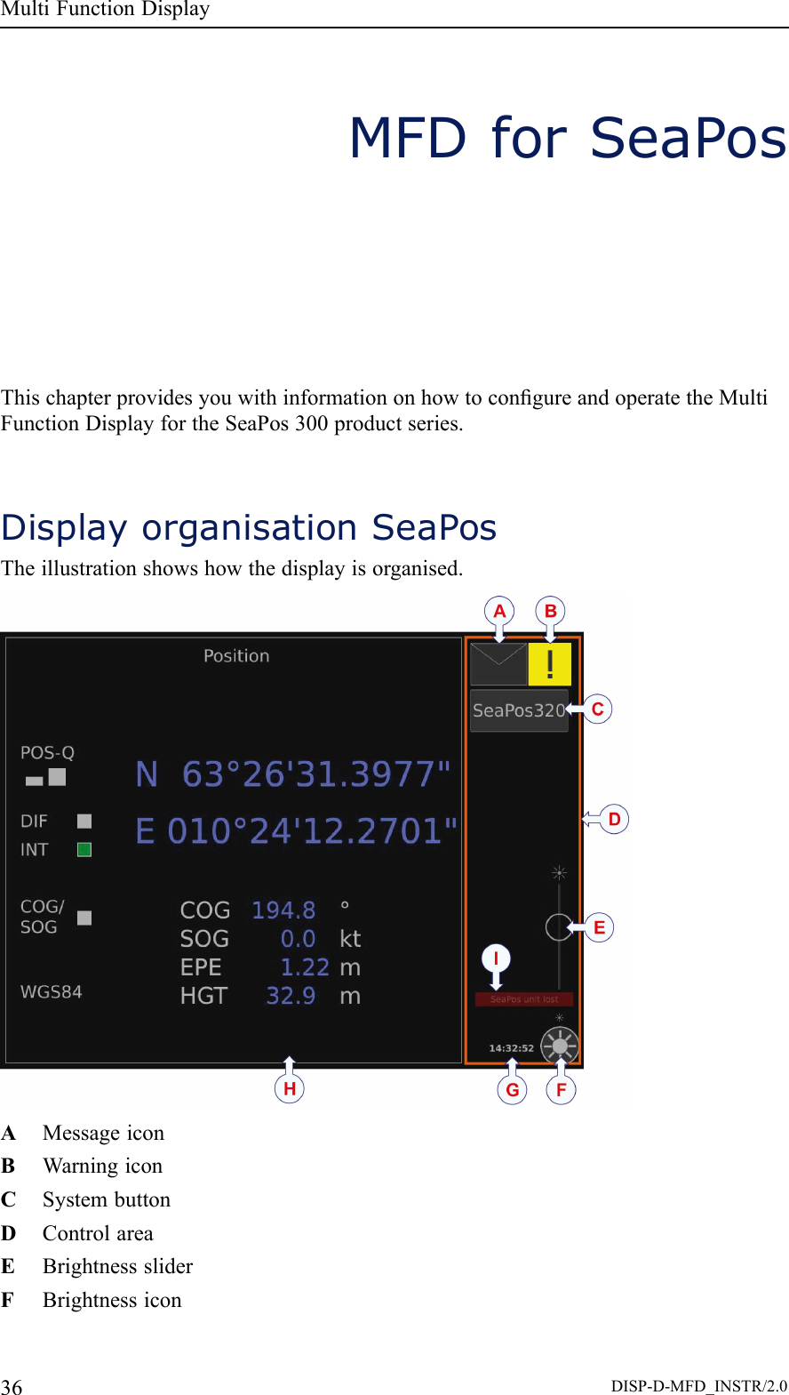 MultiFunctionDisplayMFDforSeaPosThischapterprovidesyouwithinformationonhowtocongureandoperatetheMultiFunctionDisplayfortheSeaPos300productseries.DisplayorganisationSeaPosTheillustrationshowshowthedisplayisorganised.AMessageiconBWarningiconCSystembuttonDControlareaEBrightnesssliderFBrightnessicon36DISP-D-MFD_INSTR/2.0