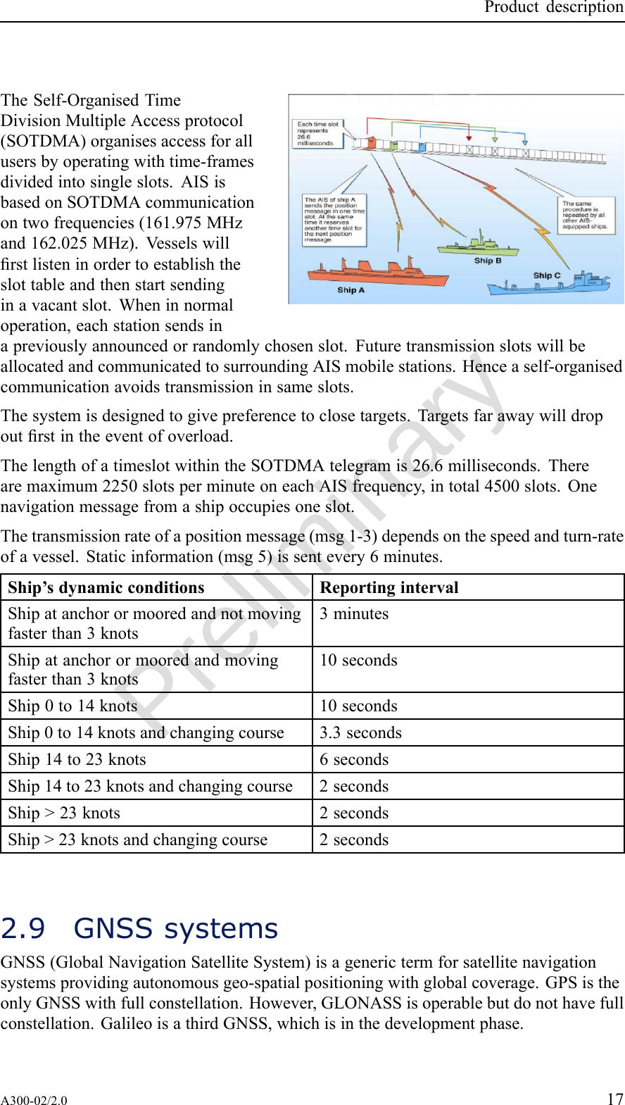 PreliminaryProductdescriptionTheSelf-OrganisedTimeDivisionMultipleAccessprotocol(SOTDMA)organisesaccessforallusersbyoperatingwithtime-framesdividedintosingleslots.AISisbasedonSOTDMAcommunicationontwofrequencies(161.975MHzand162.025MHz).Vesselswillrstlisteninordertoestablishtheslottableandthenstartsendinginavacantslot.Wheninnormaloperation,eachstationsendsinapreviouslyannouncedorrandomlychosenslot.FuturetransmissionslotswillbeallocatedandcommunicatedtosurroundingAISmobilestations.Henceaself-organisedcommunicationavoidstransmissioninsameslots.Thesystemisdesignedtogivepreferencetoclosetargets.Targetsfarawaywilldropoutrstintheeventofoverload.ThelengthofatimeslotwithintheSOTDMAtelegramis26.6milliseconds.Therearemaximum2250slotsperminuteoneachAISfrequency,intotal4500slots.Onenavigationmessagefromashipoccupiesoneslot.Thetransmissionrateofapositionmessage(msg1-3)dependsonthespeedandturn-rateofavessel.Staticinformation(msg5)issentevery6minutes.Ship’sdynamicconditionsReportingintervalShipatanchorormooredandnotmovingfasterthan3knots3minutesShipatanchorormooredandmovingfasterthan3knots10secondsShip0to14knots10secondsShip0to14knotsandchangingcourse3.3secondsShip14to23knots6secondsShip14to23knotsandchangingcourse2secondsShip&gt;23knots2secondsShip&gt;23knotsandchangingcourse2seconds2.9GNSSsystemsGNSS(GlobalNavigationSatelliteSystem)isagenerictermforsatellitenavigationsystemsprovidingautonomousgeo-spatialpositioningwithglobalcoverage.GPSistheonlyGNSSwithfullconstellation.However,GLONASSisoperablebutdonothavefullconstellation.GalileoisathirdGNSS,whichisinthedevelopmentphase.A300-02/2.017
