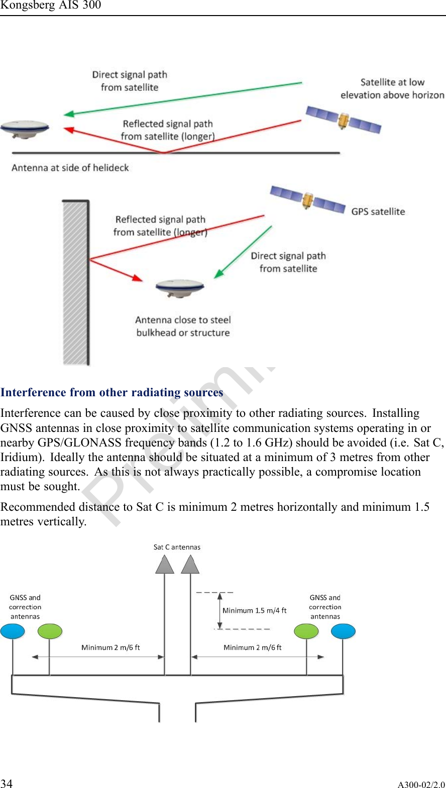 PreliminaryKongsbergAIS300InterferencefromotherradiatingsourcesInterferencecanbecausedbycloseproximitytootherradiatingsources.InstallingGNSSantennasincloseproximitytosatellitecommunicationsystemsoperatinginornearbyGPS/GLONASSfrequencybands(1.2to1.6GHz)shouldbeavoided(i.e.SatC,Iridium).Ideallytheantennashouldbesituatedataminimumof3metresfromotherradiatingsources.Asthisisnotalwayspracticallypossible,acompromiselocationmustbesought.RecommendeddistancetoSatCisminimum2metreshorizontallyandminimum1.5metresvertically.34A300-02/2.0